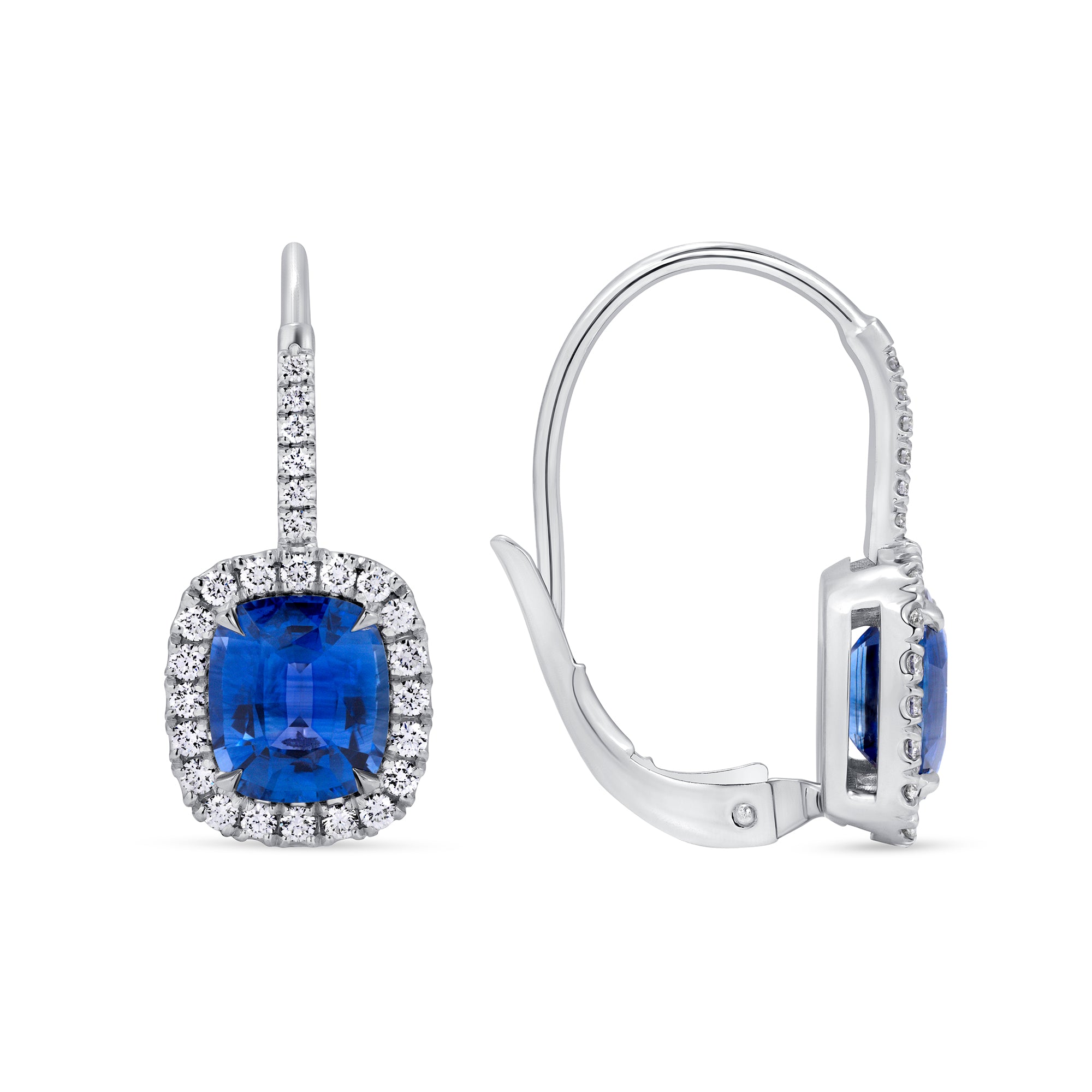 Cushion-Cut Blue Sapphire and Diamond Halo Drop Earrings in 18K White Gold
