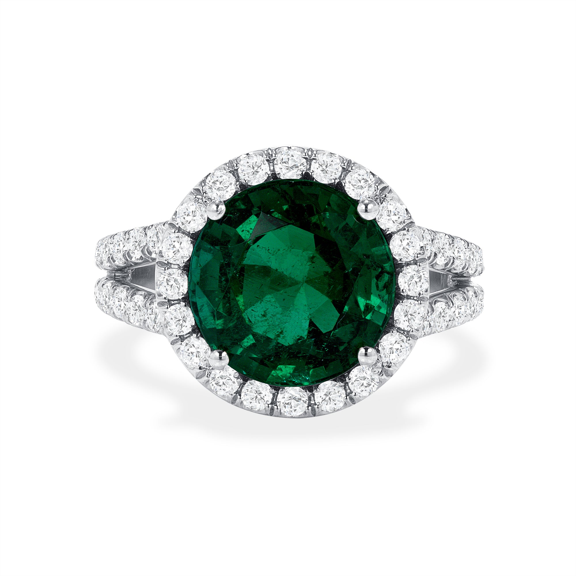 Round Green Emerald Diamond Halo Ring In Platinum