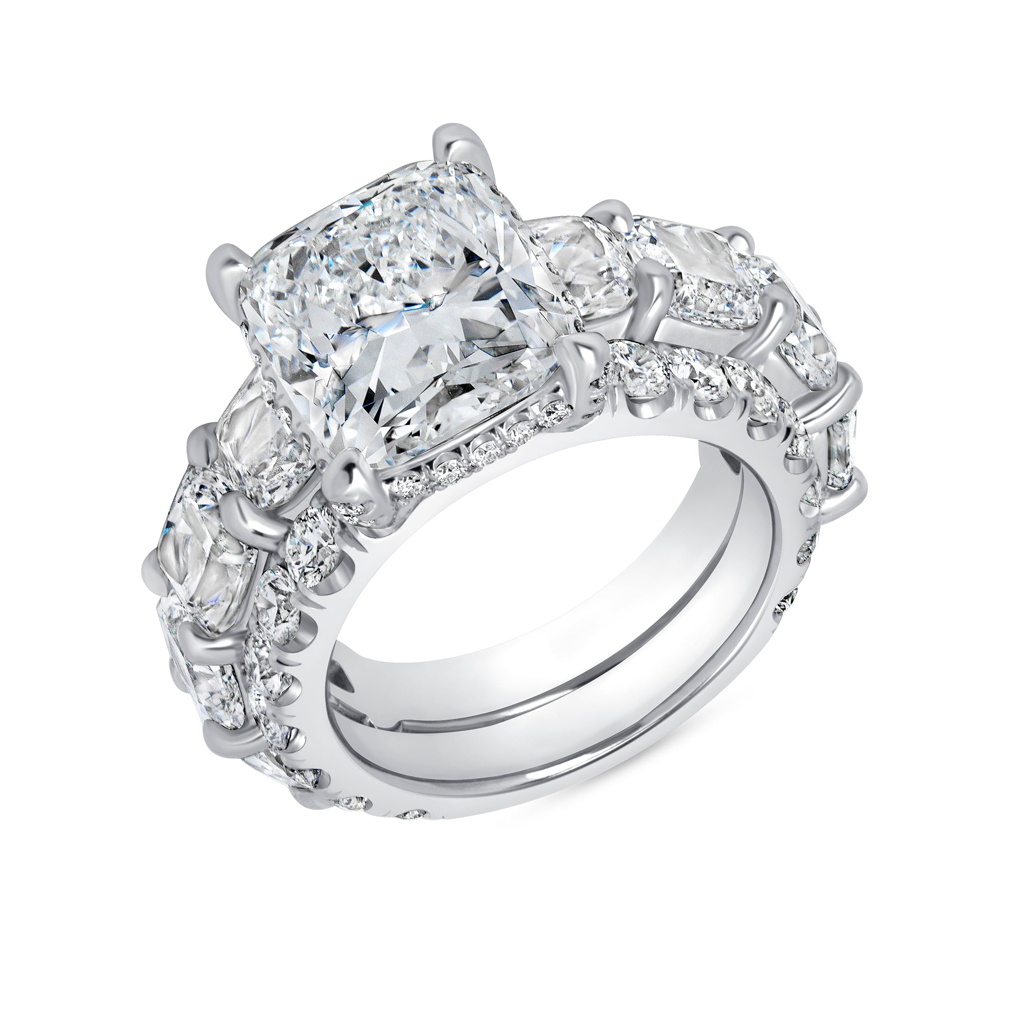 Cushion-Cut Diamond Bridal Set with Nine-Stone Band in Platinum