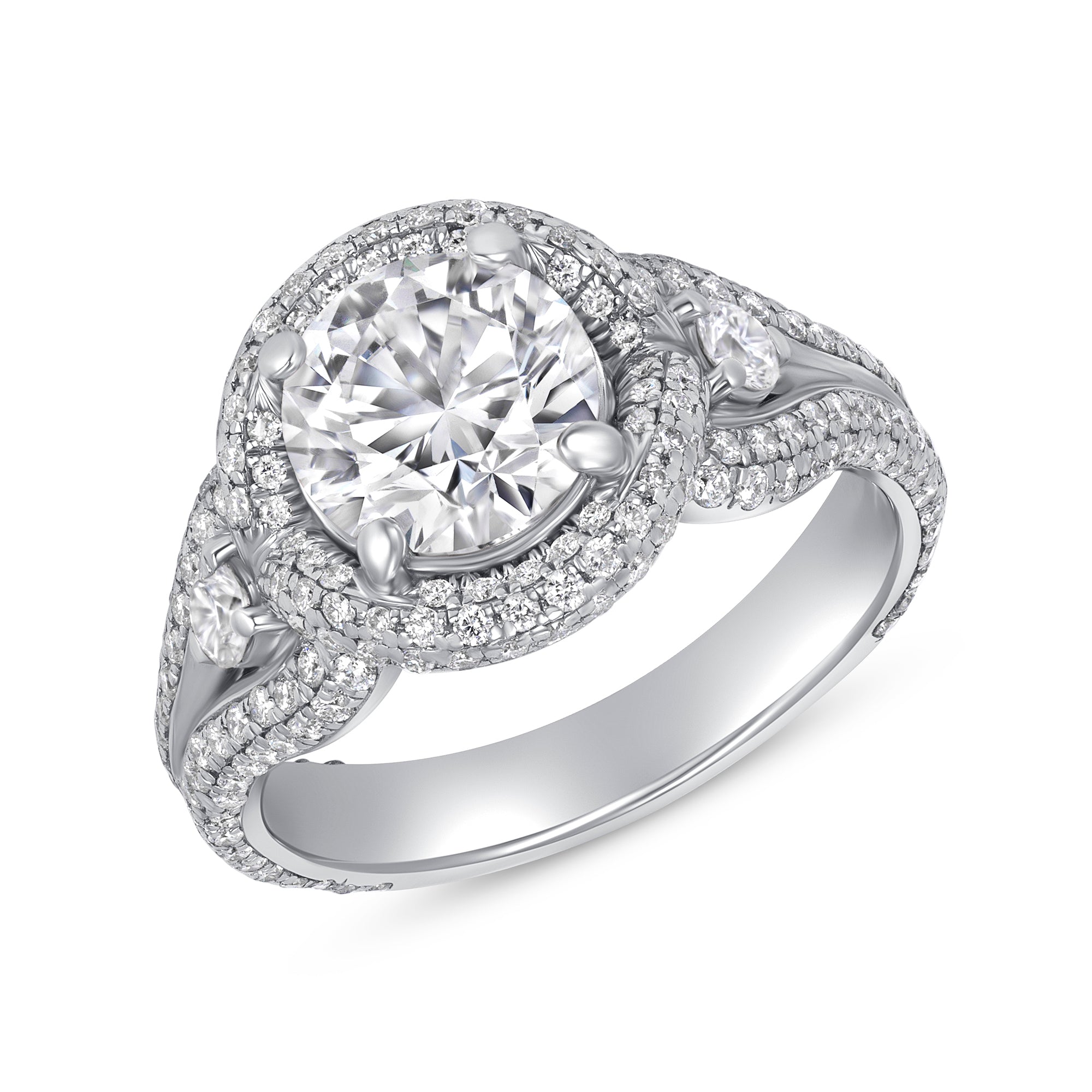 Round Brilliant Diamond Double Halo Engagement Ring in Platinum