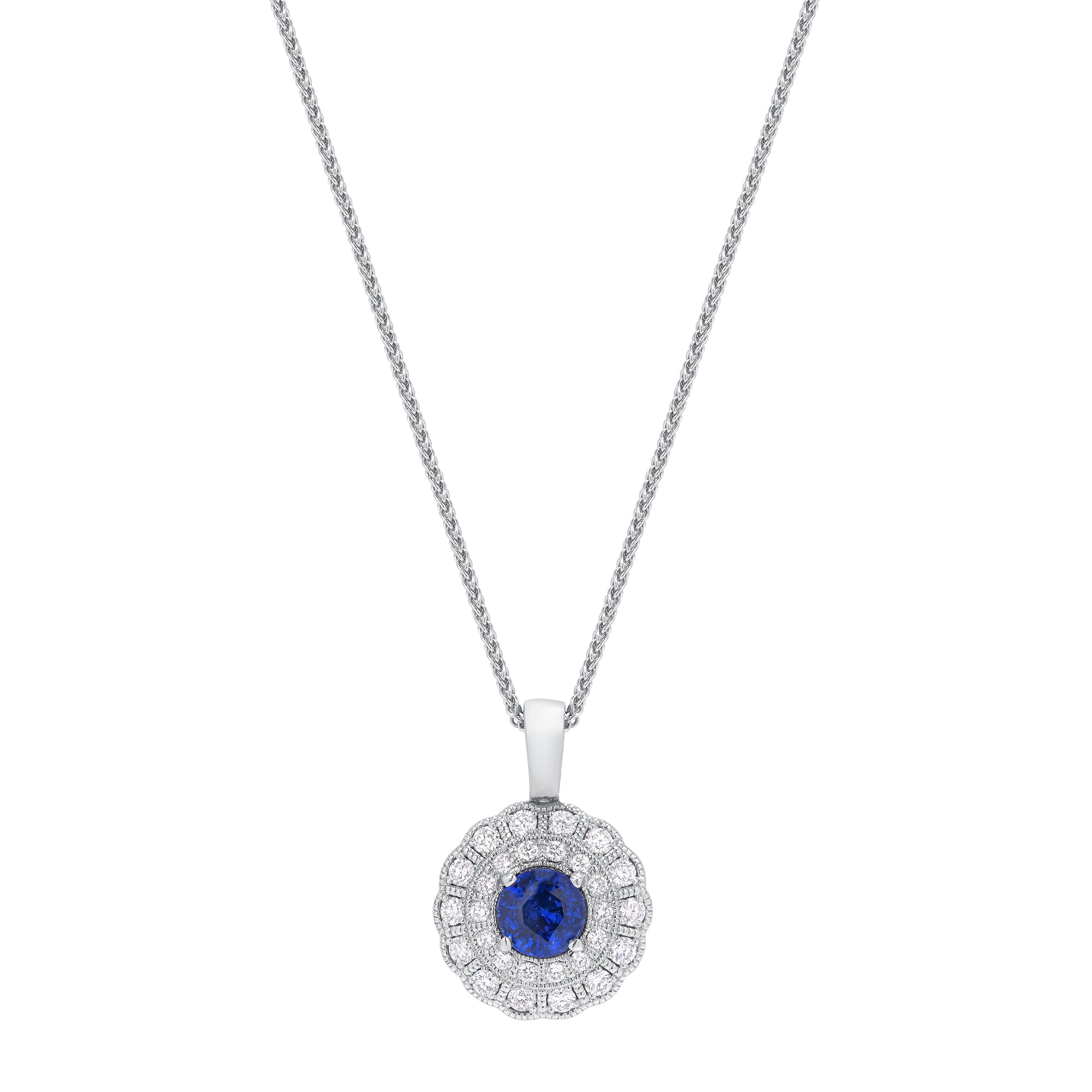 Blue Sapphire And Diamond Halo Pendant In 18 Karat White Gold