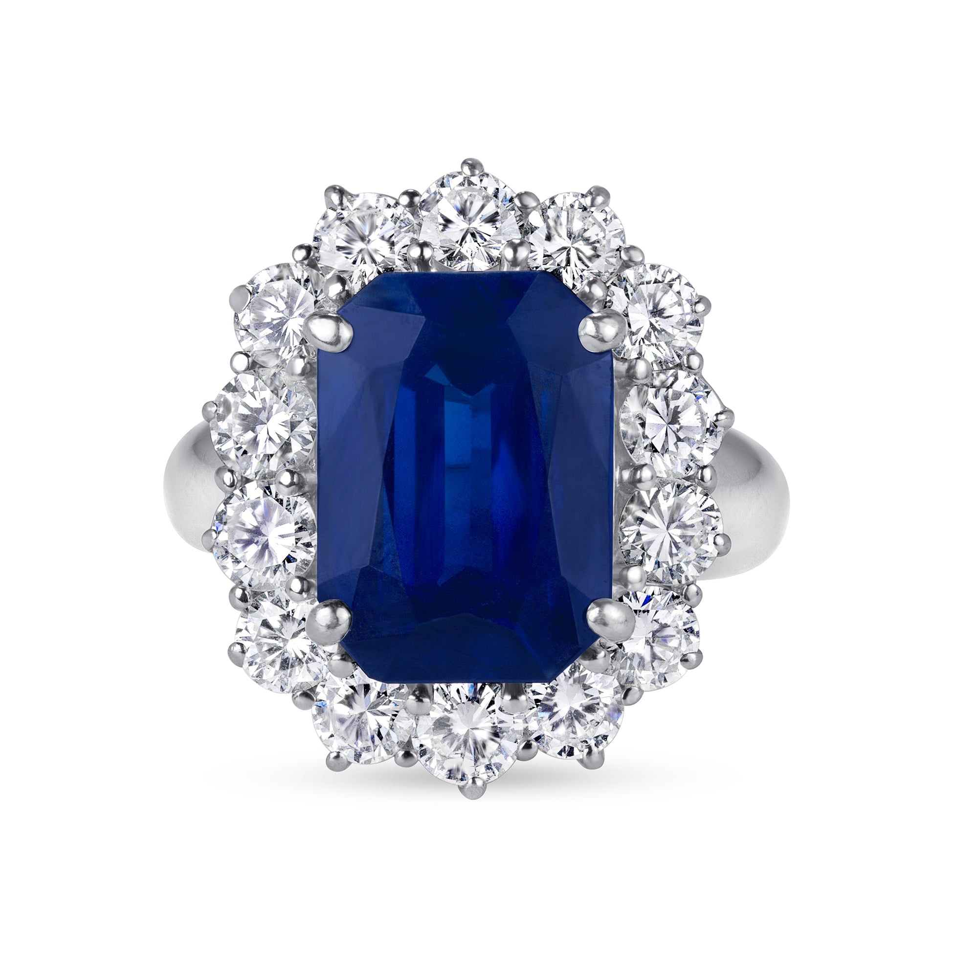 Radiant Cut Sapphire Ring with Round Cut Diamond Halo in Platinum Ruthenium