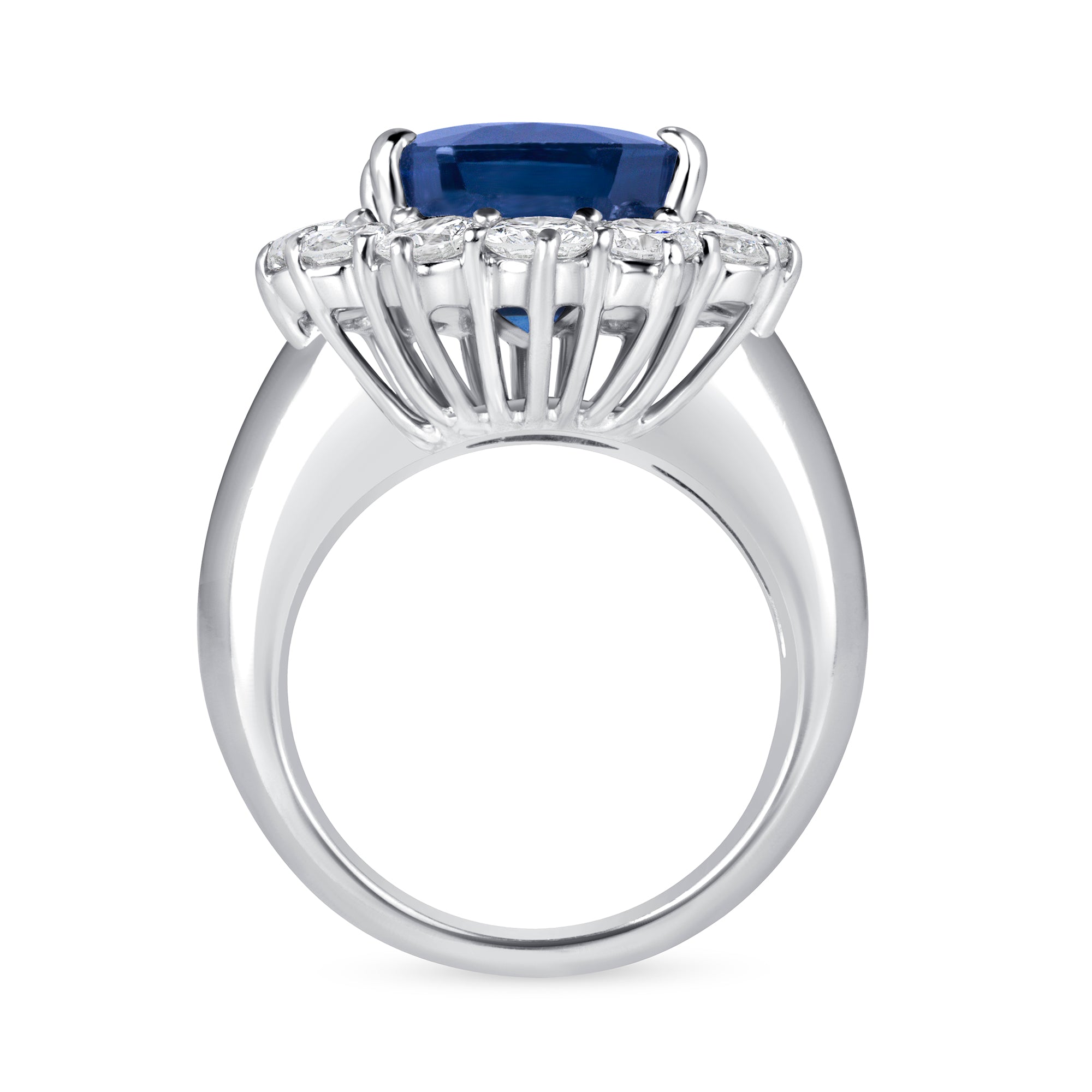 Radiant Cut Sapphire Ring with Round Cut Diamond Halo in Platinum Ruthenium