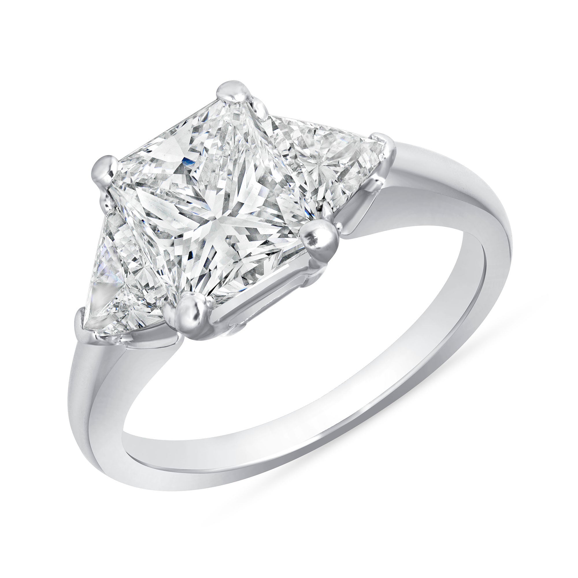 Princess Cut Diamond Three Stone Ring with Triangular Side Stones in Platinum