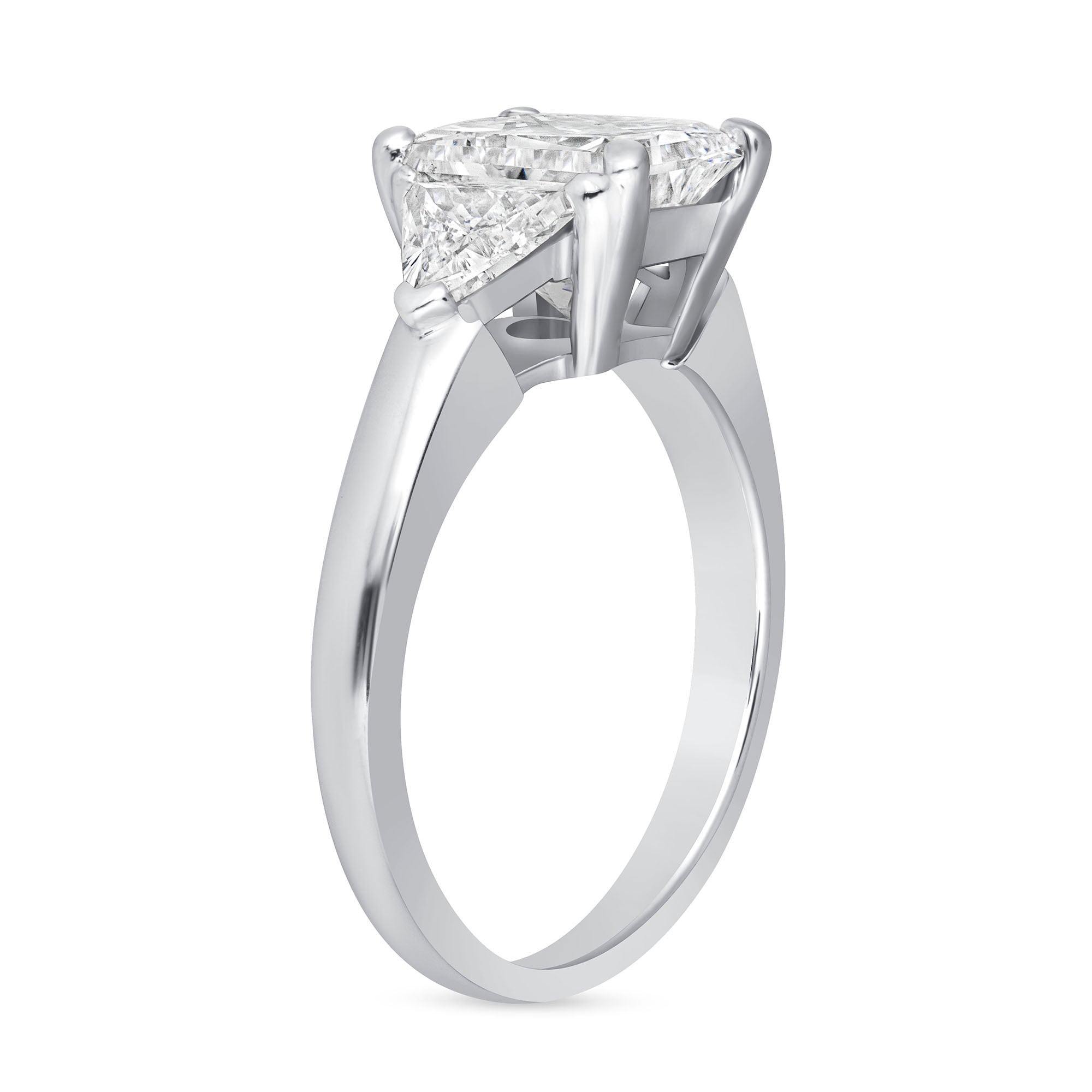 Princess Cut Diamond Three Stone Ring with Triangular Side Stones in Platinum