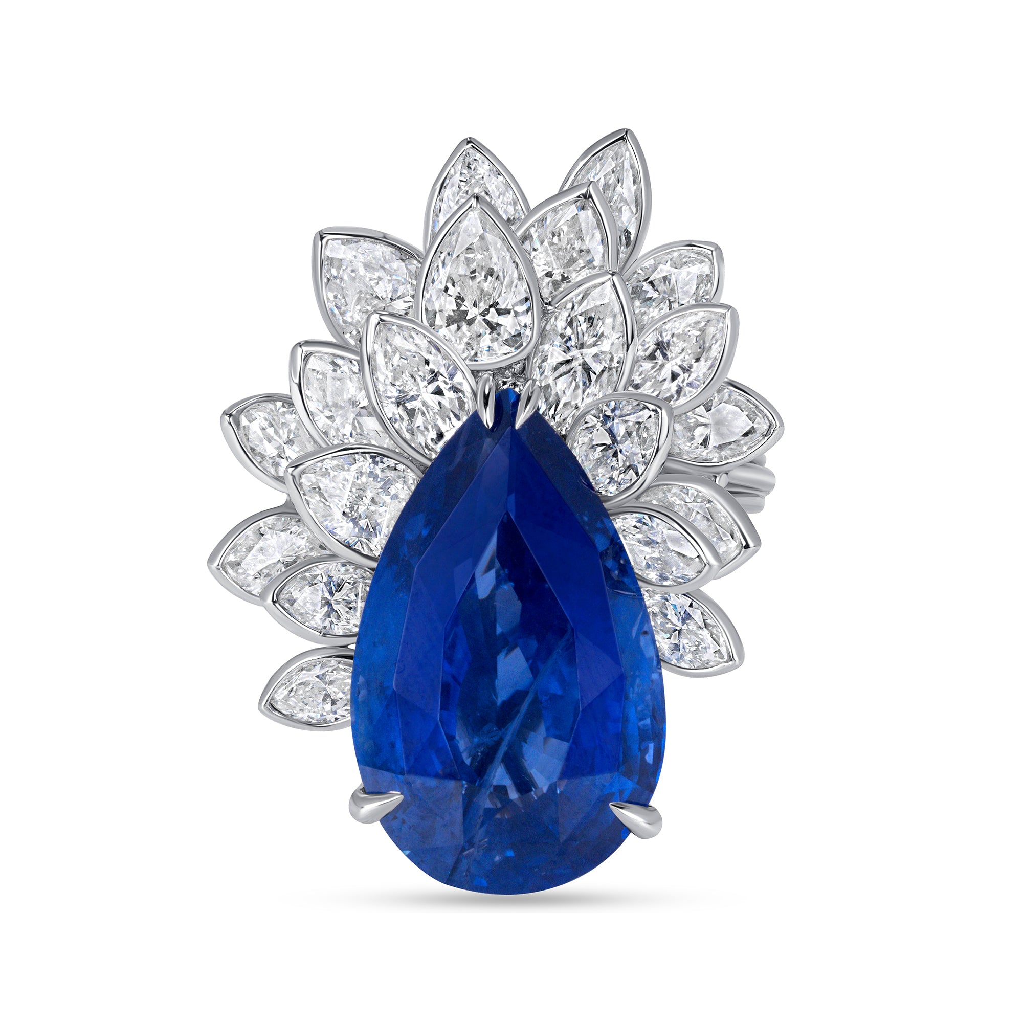 Pear Shape Blue Sapphire Ring with Pear & Marquise Cut Layered Bezel Set Diamonds in Platinum Ruthenium