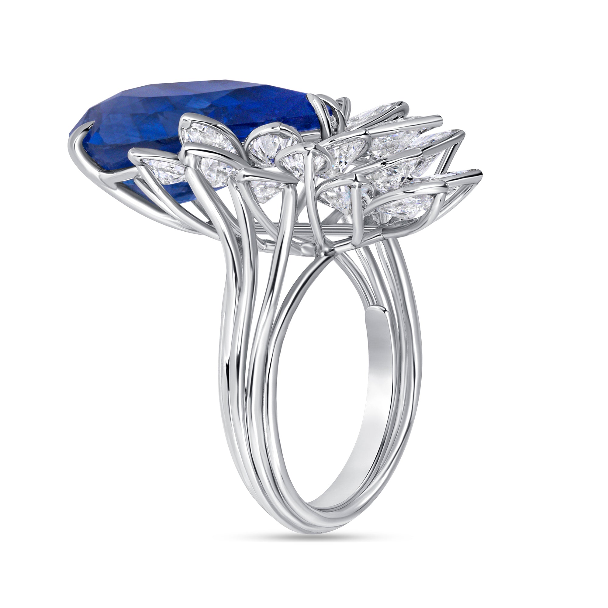 Pear Shape Blue Sapphire Ring with Pear & Marquise Cut Layered Bezel Set Diamonds in Platinum Ruthenium