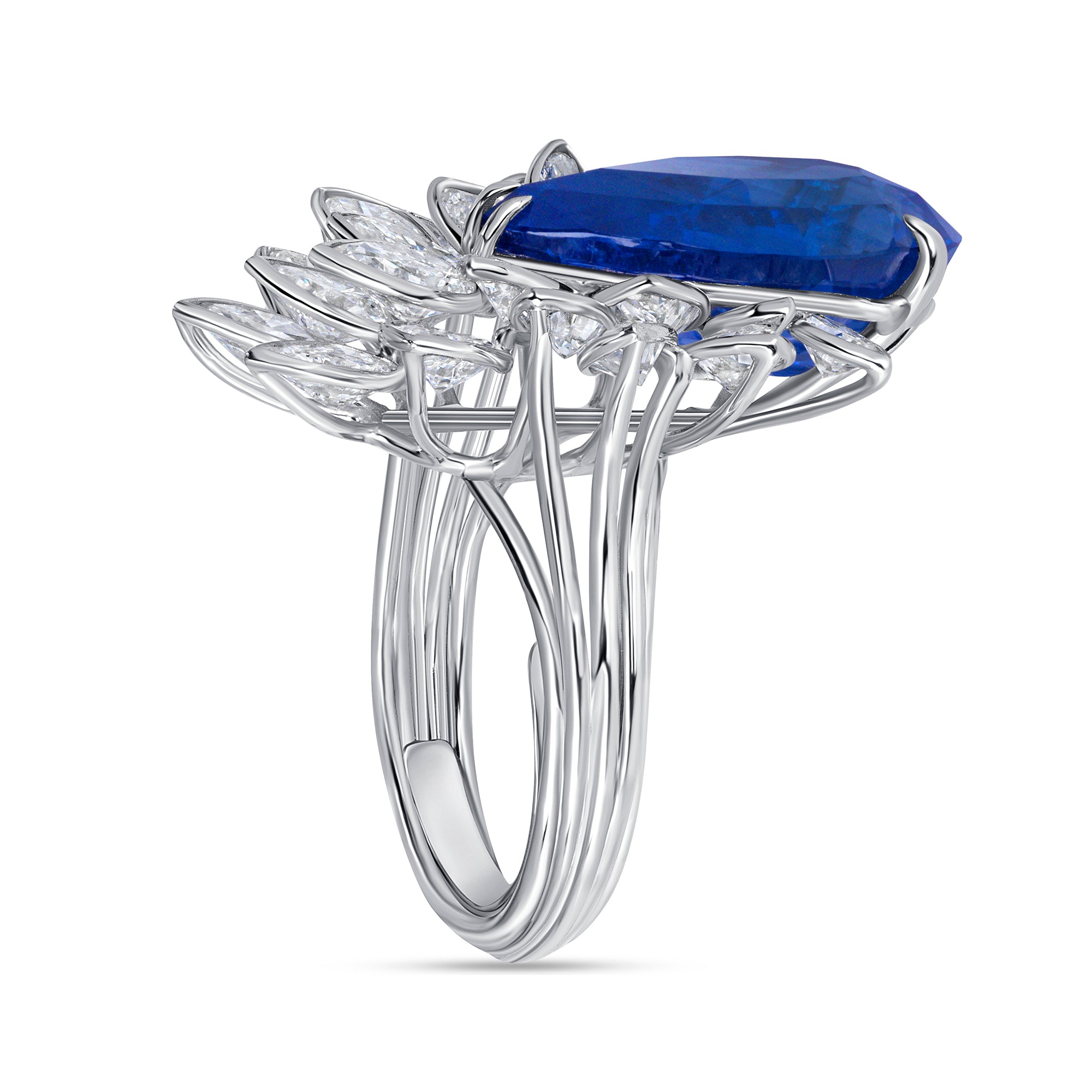 Pear Shape Blue Sapphire Ring with Pear & Marquise Cut Layered Bezel Set Diamonds in Platinum Ruthenium