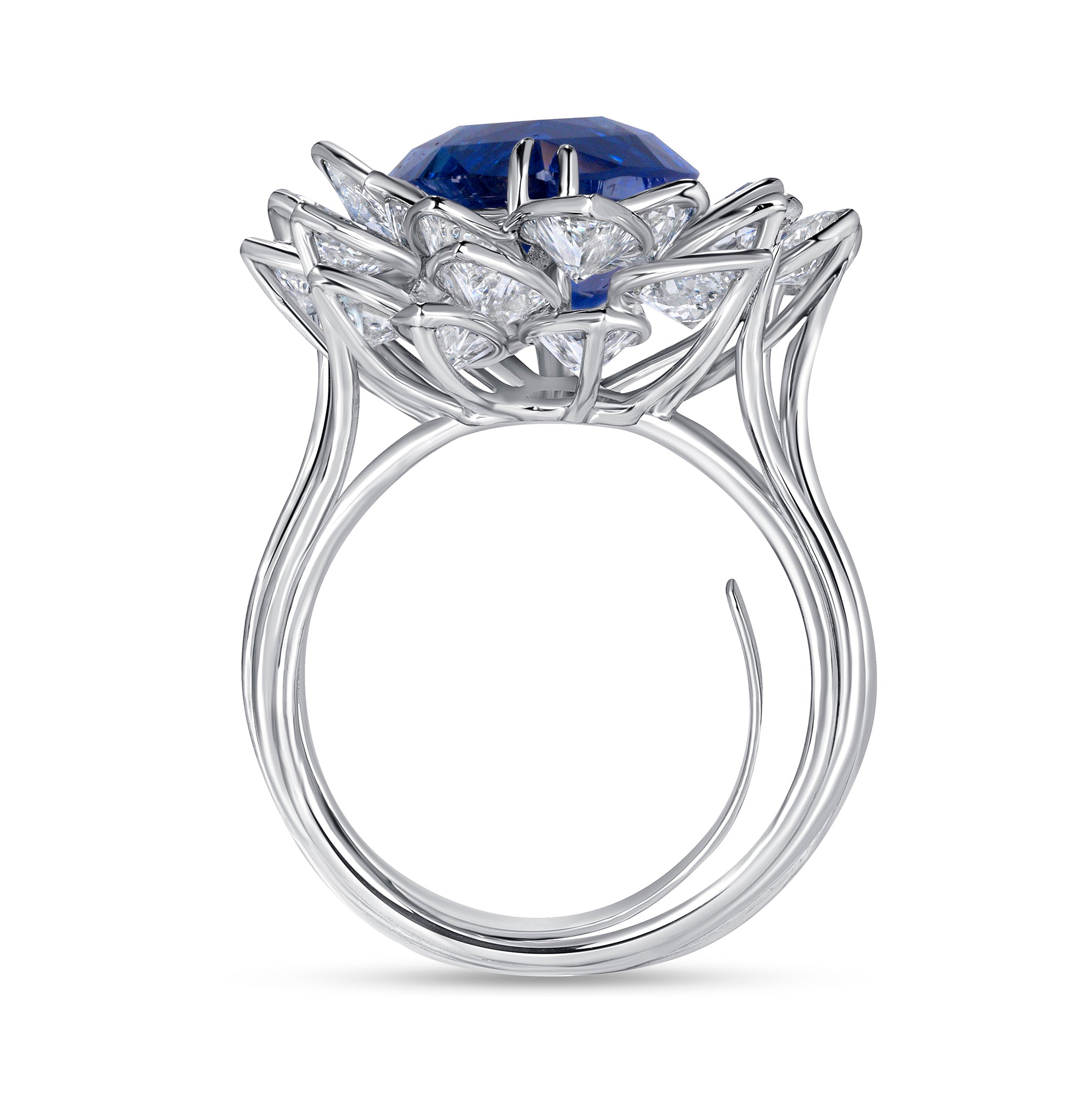 Pear Shape Blue Sapphire Ring with Pear & Marquise Cut Layered Bezel Set Diamonds in Platinum Ruthenium