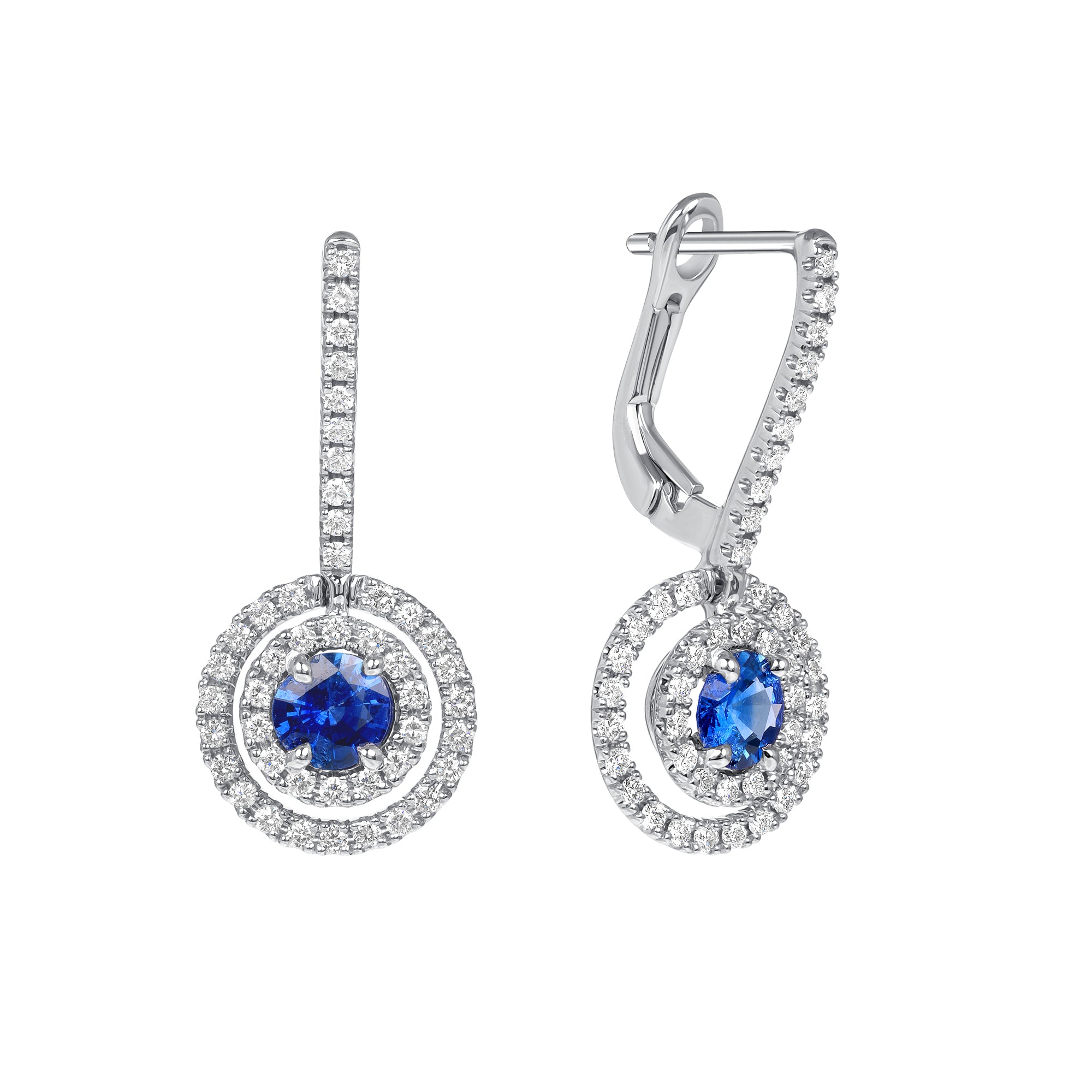 Round Brilliant Sapphire Center Stone and Diamond Leverback Earrings in 18K White Gold