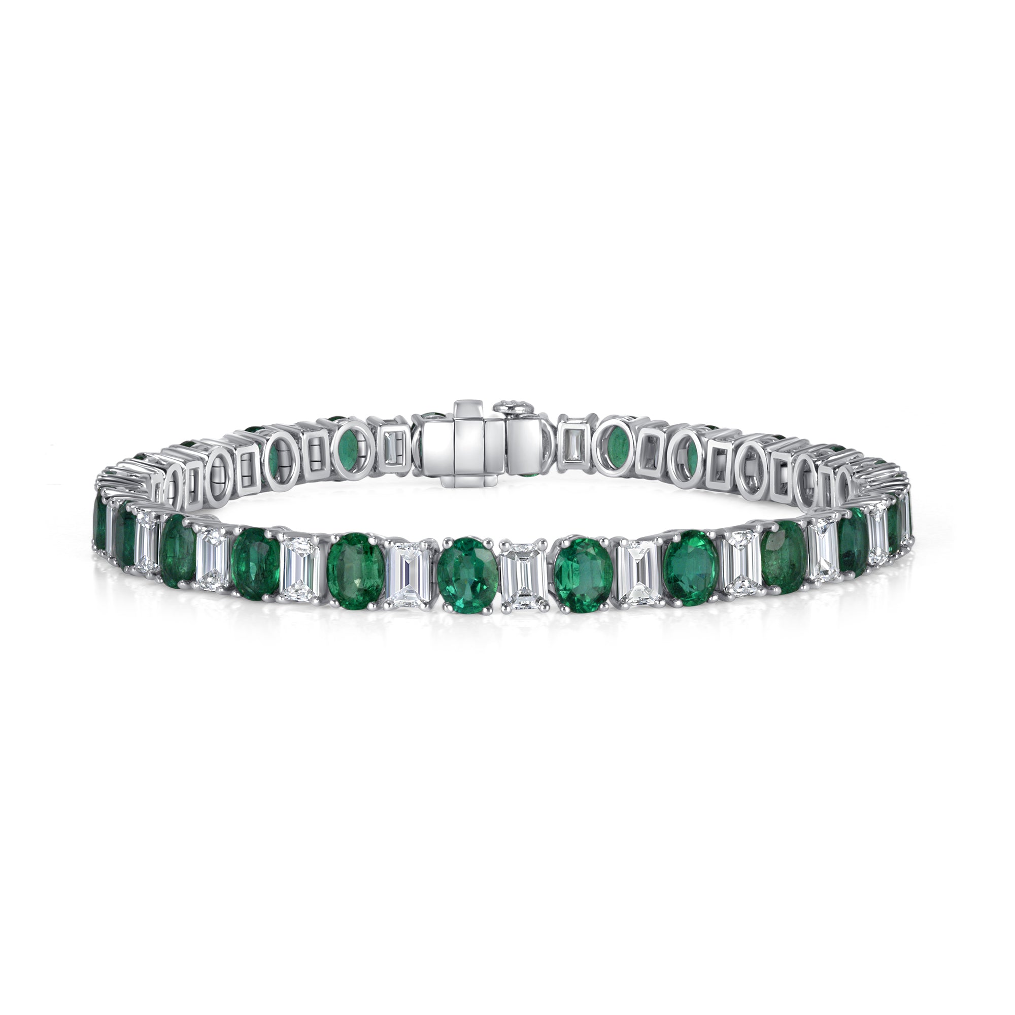 Alternating Oval Cut Emerald and Emerald Cut Diamond Tennis Bracelet in 18 Karat White Gold