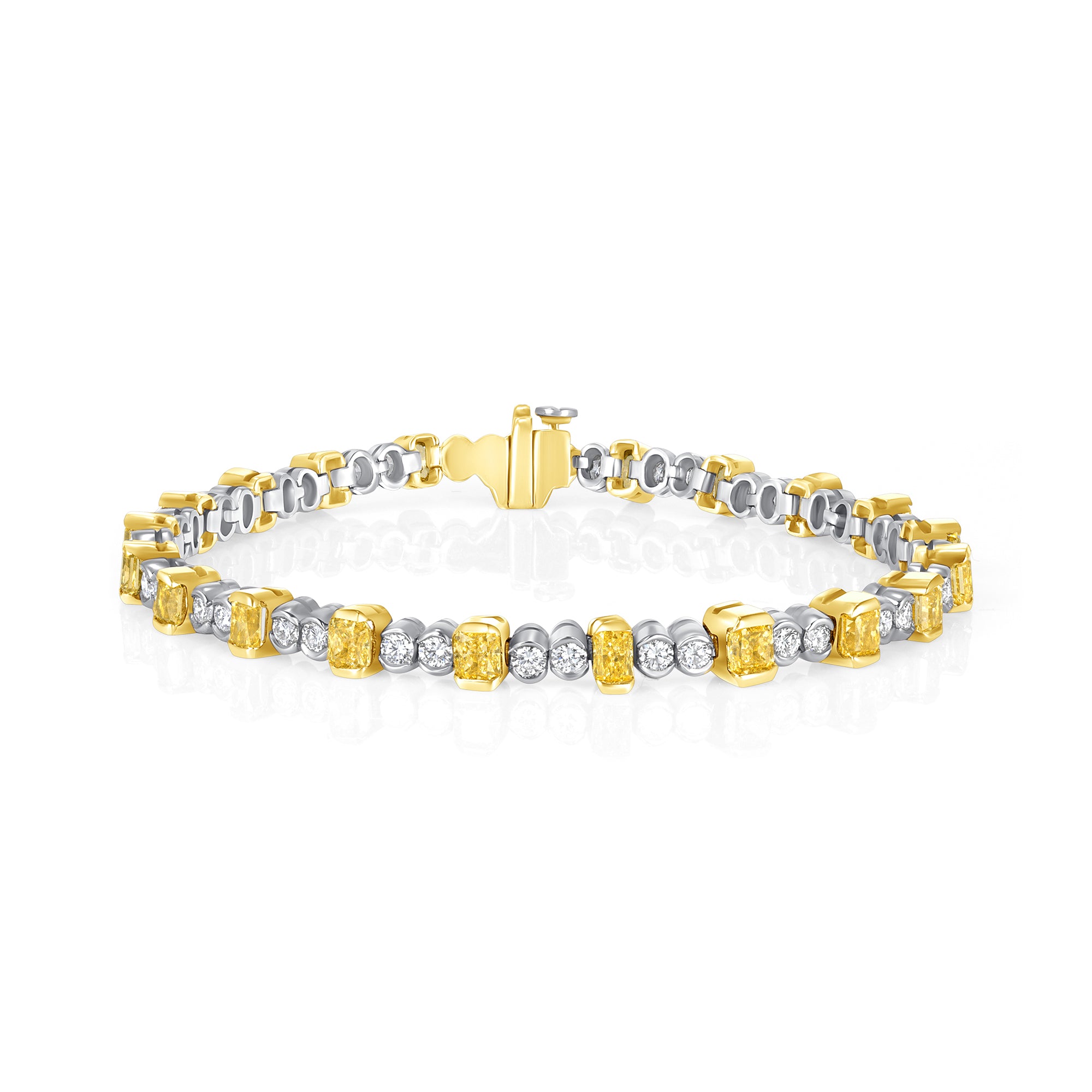 Alternating Emerald Cut Fancy Yellow Diamond and Round Cut Diamond Tennis Bracelet in 18 Karat Yellow Gold and Platinum