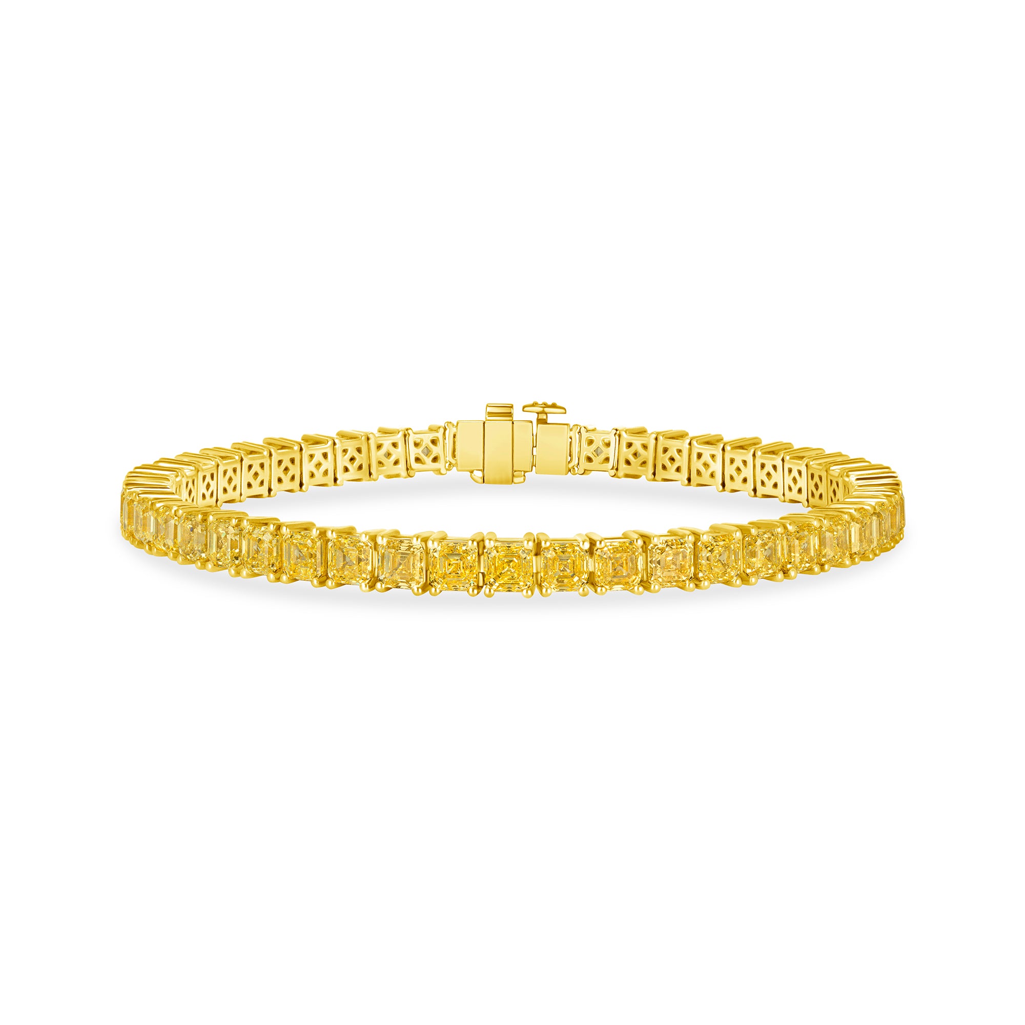 Cushion Cut Fancy Yellow Diamond Tennis Bracelet in 18 Karat Yellow Gold