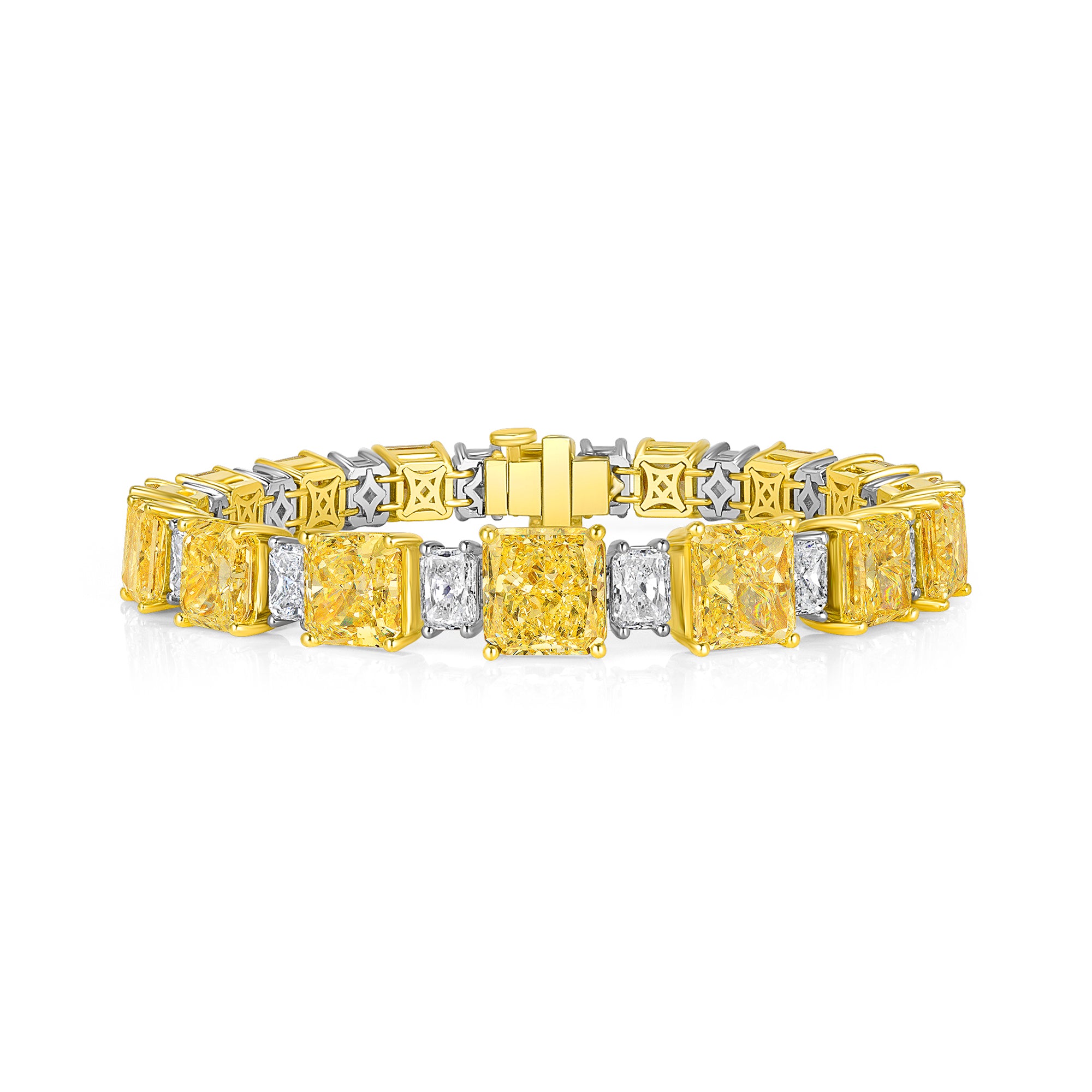 Radiant Cut Alternating Fancy Yellow and White Tennis Diamond Bracelet in 18 Karat Yellow Gold and White Gold