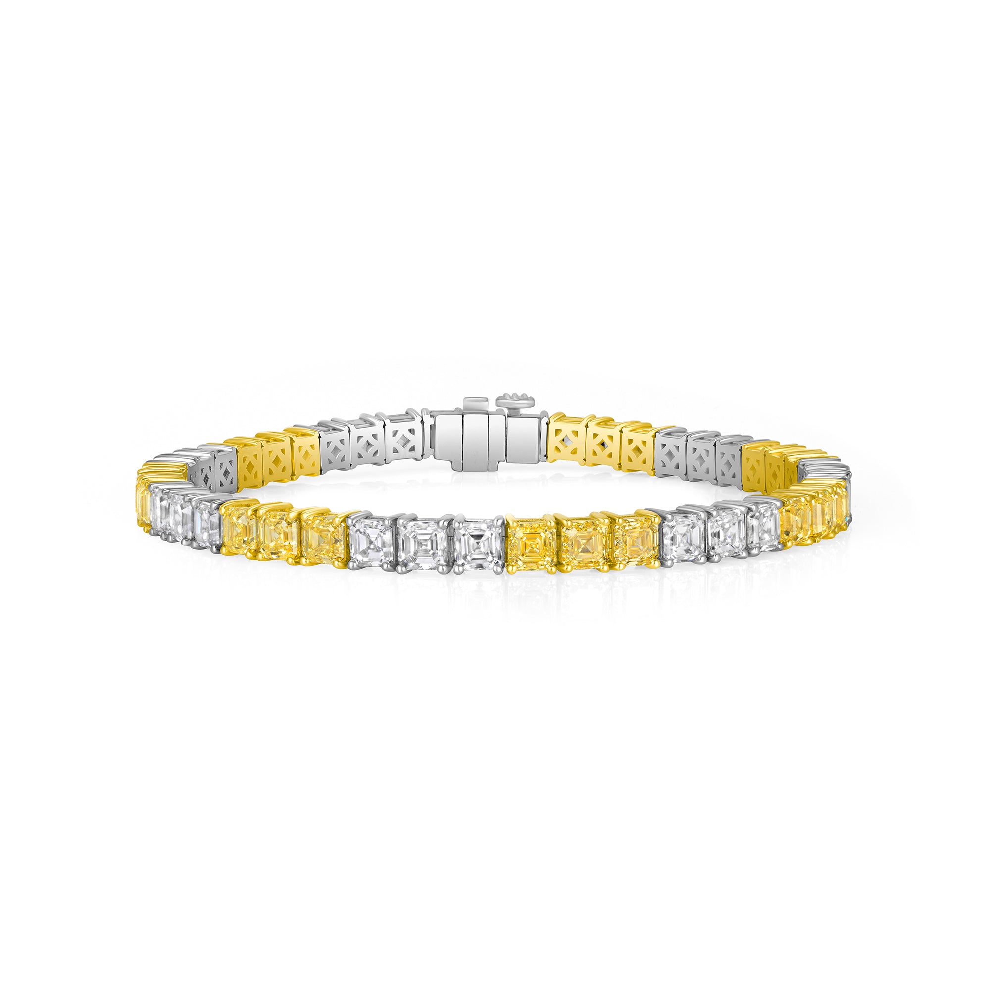 Cushion Cut Fancy Yellow and White Diamond Tennis Bracelet in 18 Karat Yellow Gold