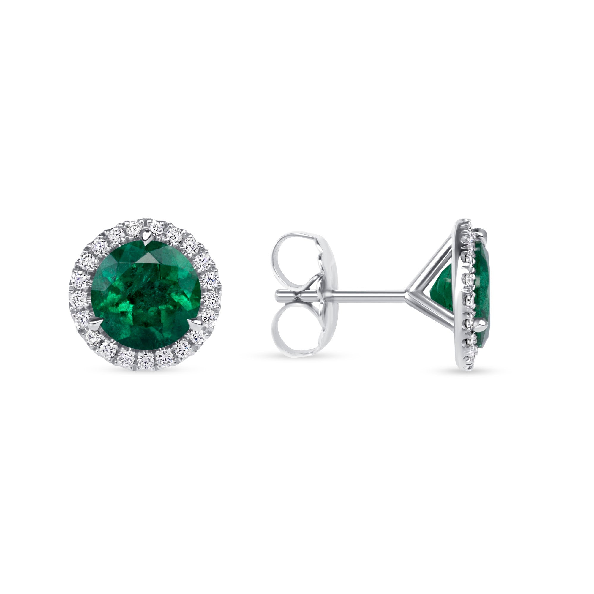 Round Emerald and Diamond Halo Stud Earrings in 18K White Gold
