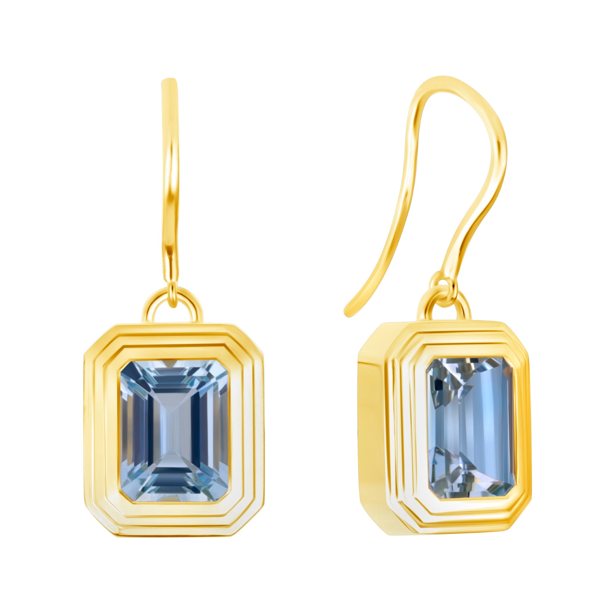 Emerald Cut Aquamarine Drop Earrings in 18K Yellow Gold