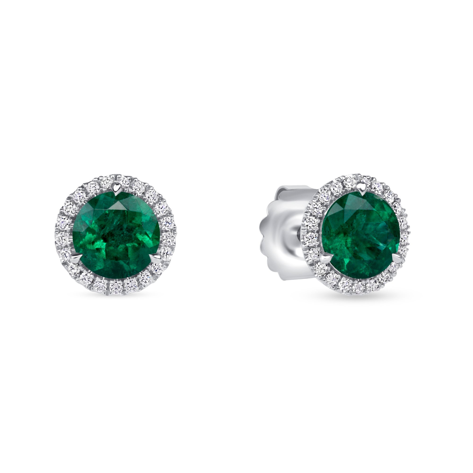 Round Emerald and Diamond Halo Stud Earrings in 18K White Gold