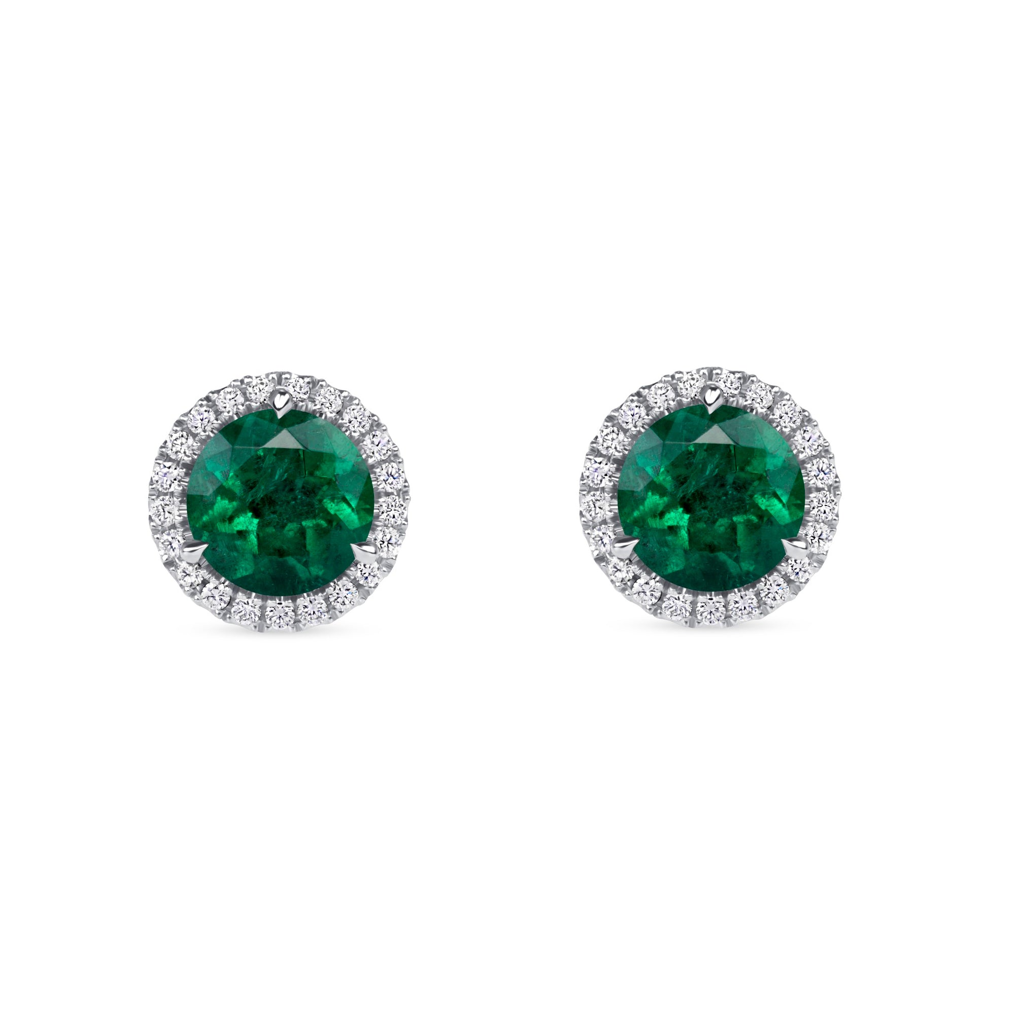 Round Emerald and Diamond Halo Stud Earrings in 18K White Gold