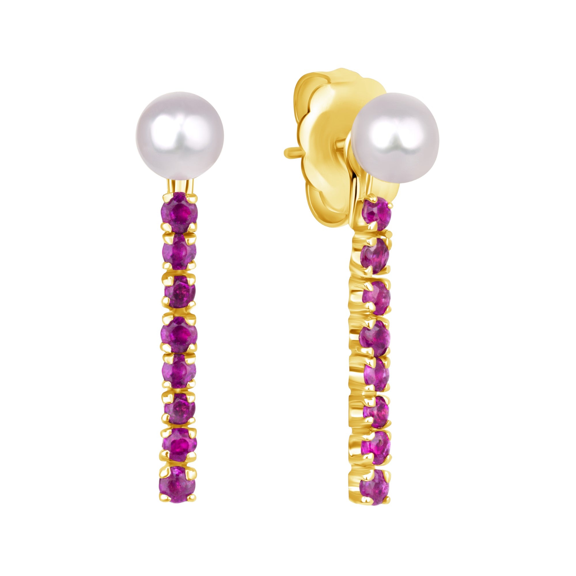 Pearl and Ruby Drop Earrings in 18K Yellow Gold