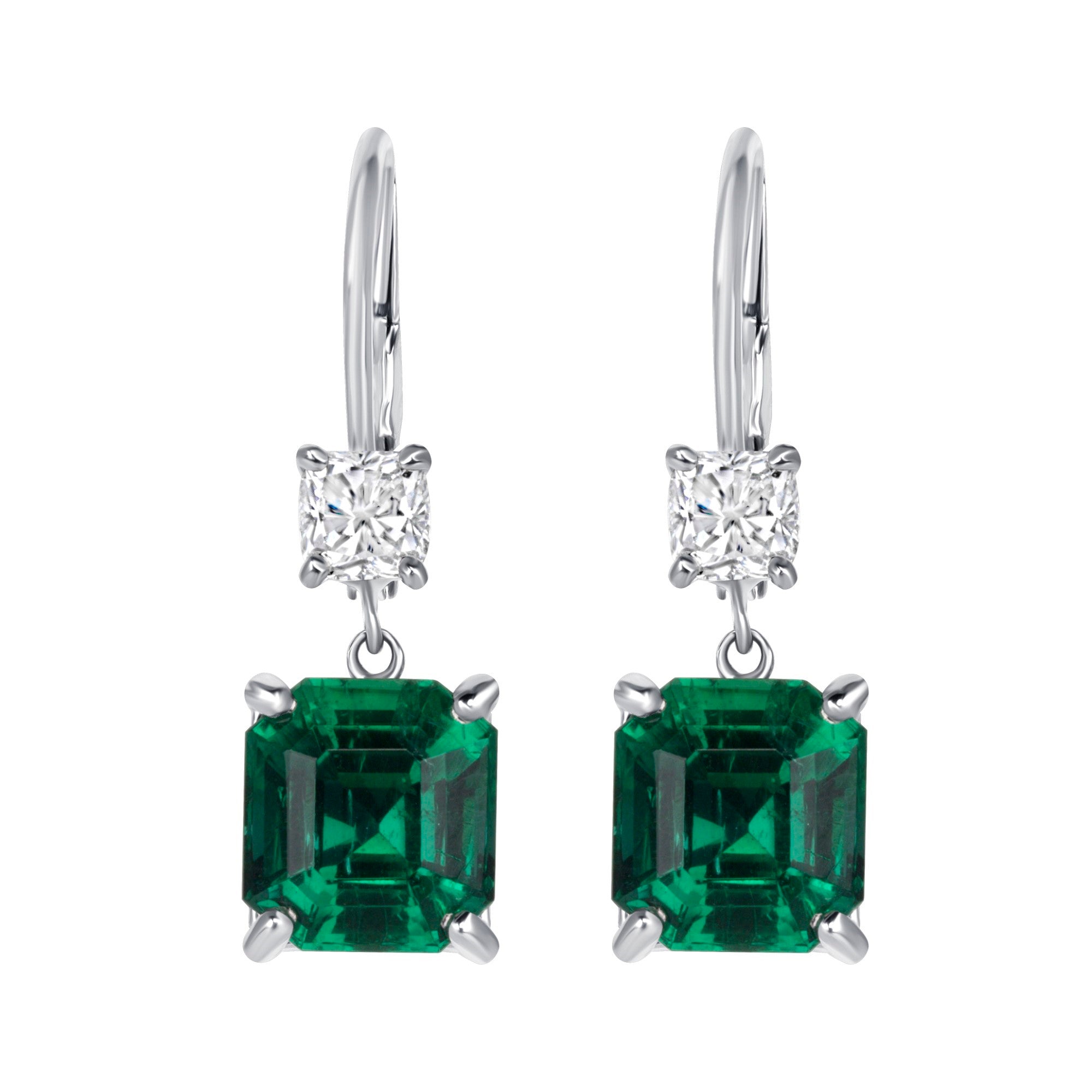 Asscher Cut Emerald and Round Cut Diamond Drop Earrings in 18K White Gold