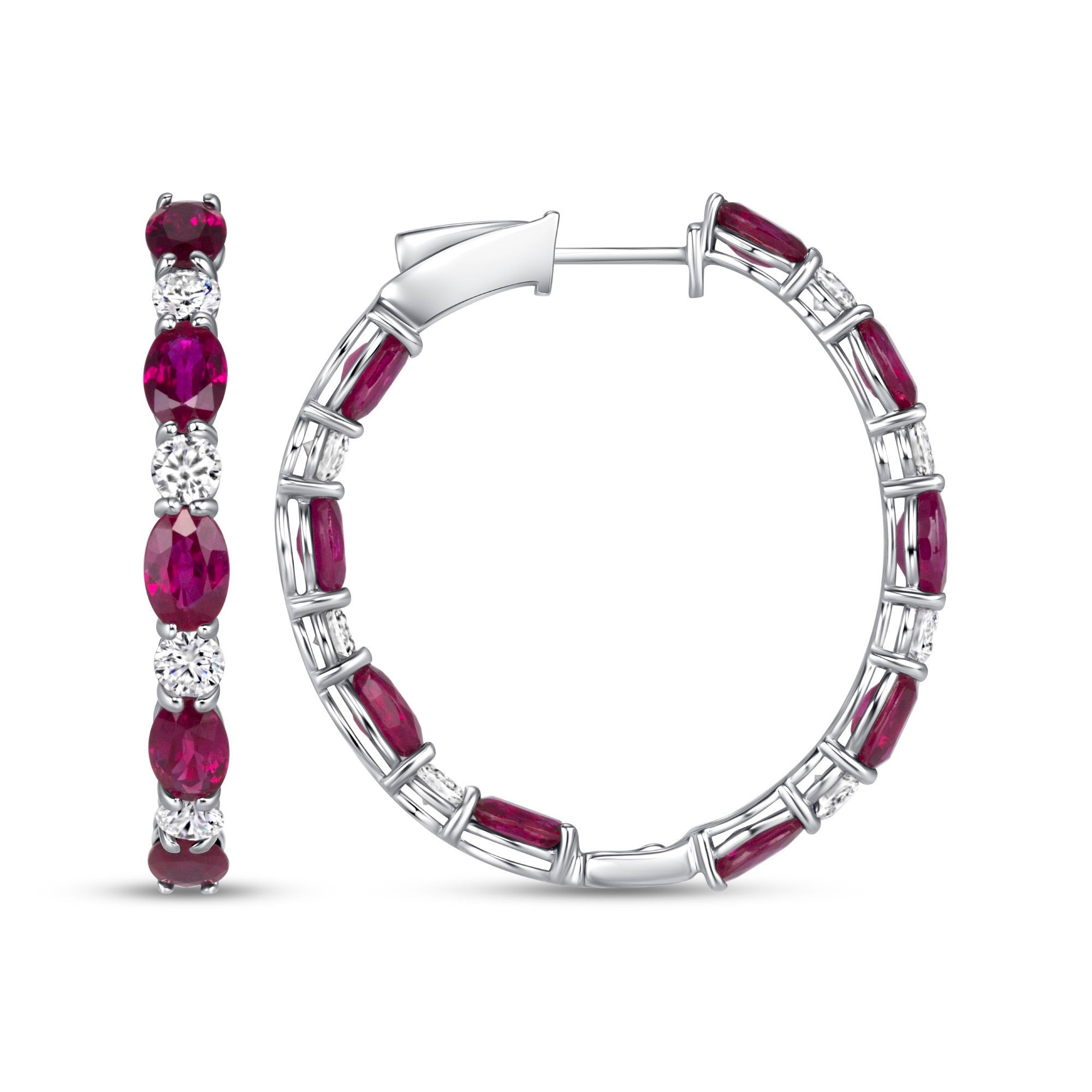 Oval Cut Ruby and Diamond Inside-Out Hoop Earrings in 18K White Gold