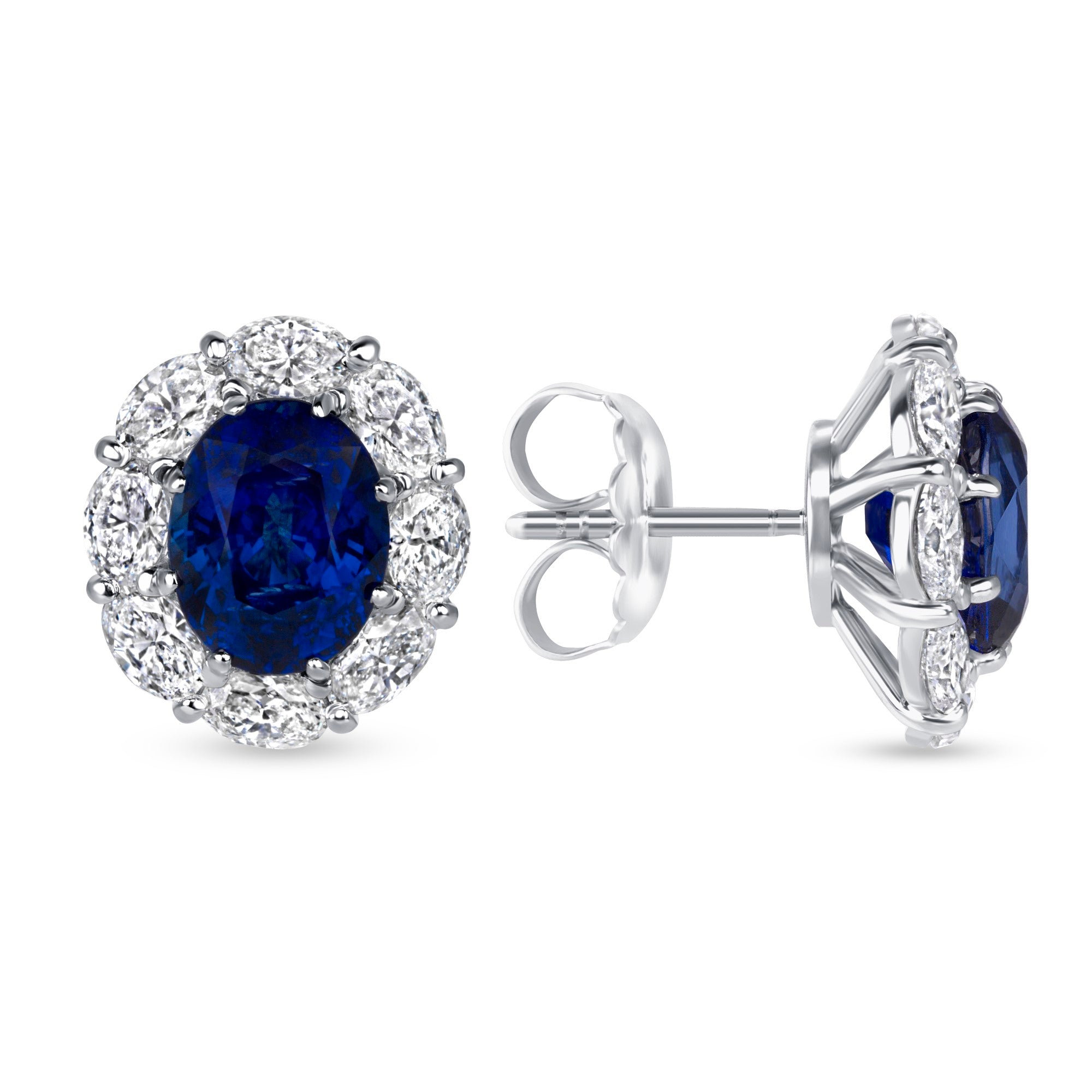 Oval Cut Blue Sapphire and Diamond Halo Stud Earrings in 18K White Gold