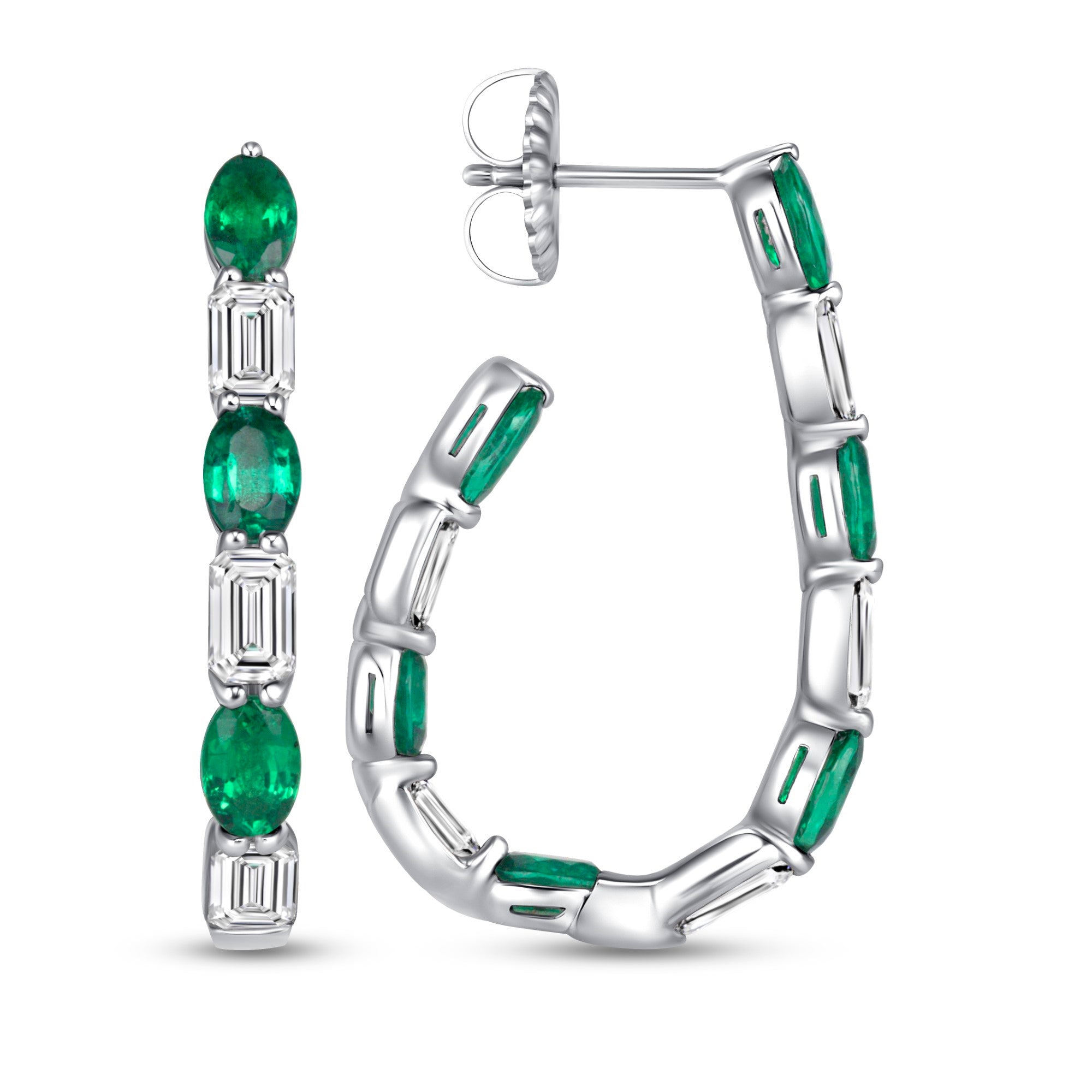 Oval Cut Emerald and Emerald Cut Diamond Drop Earrings in 18K White Gold