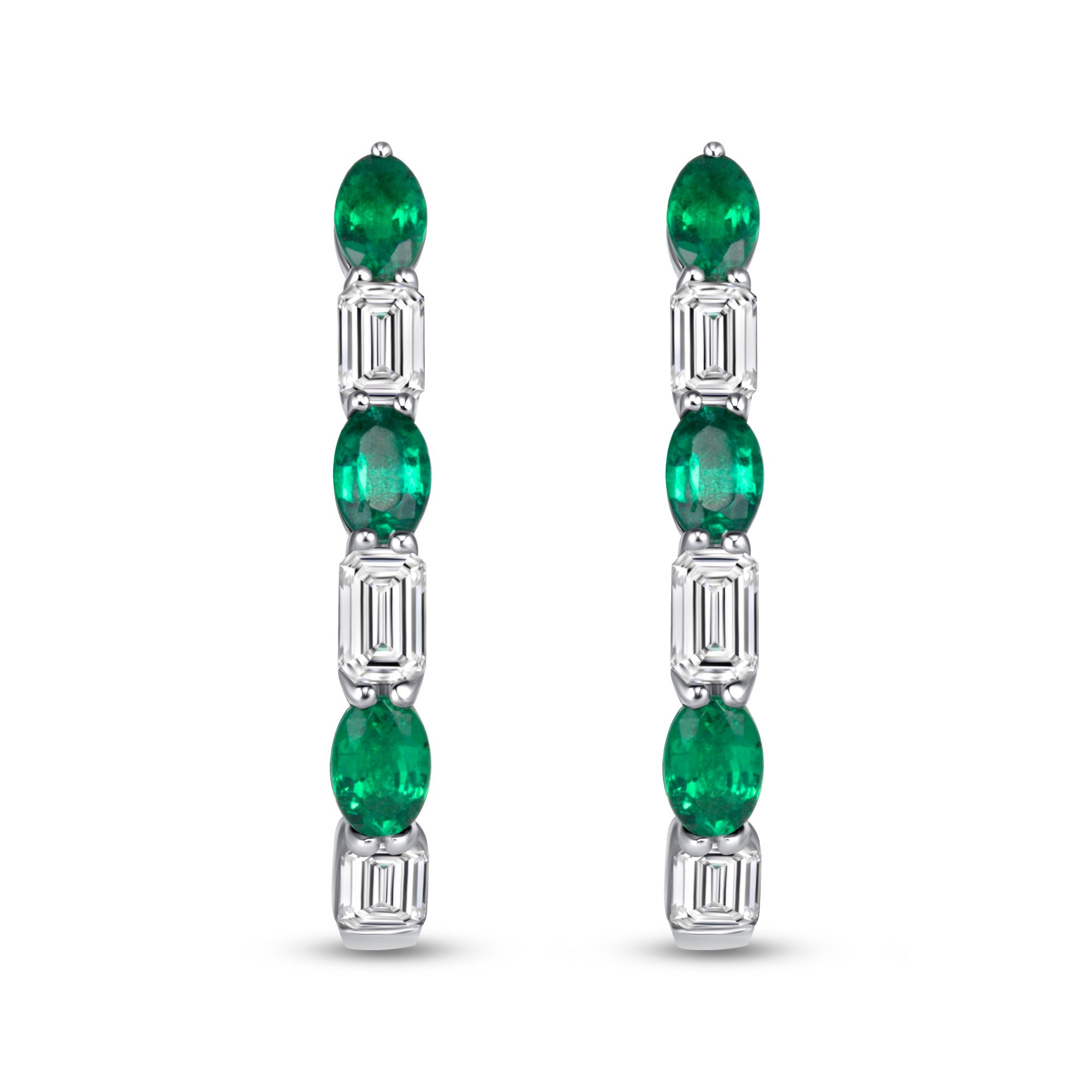 Oval Cut Emerald and Emerald Cut Diamond Drop Earrings in 18K White Gold