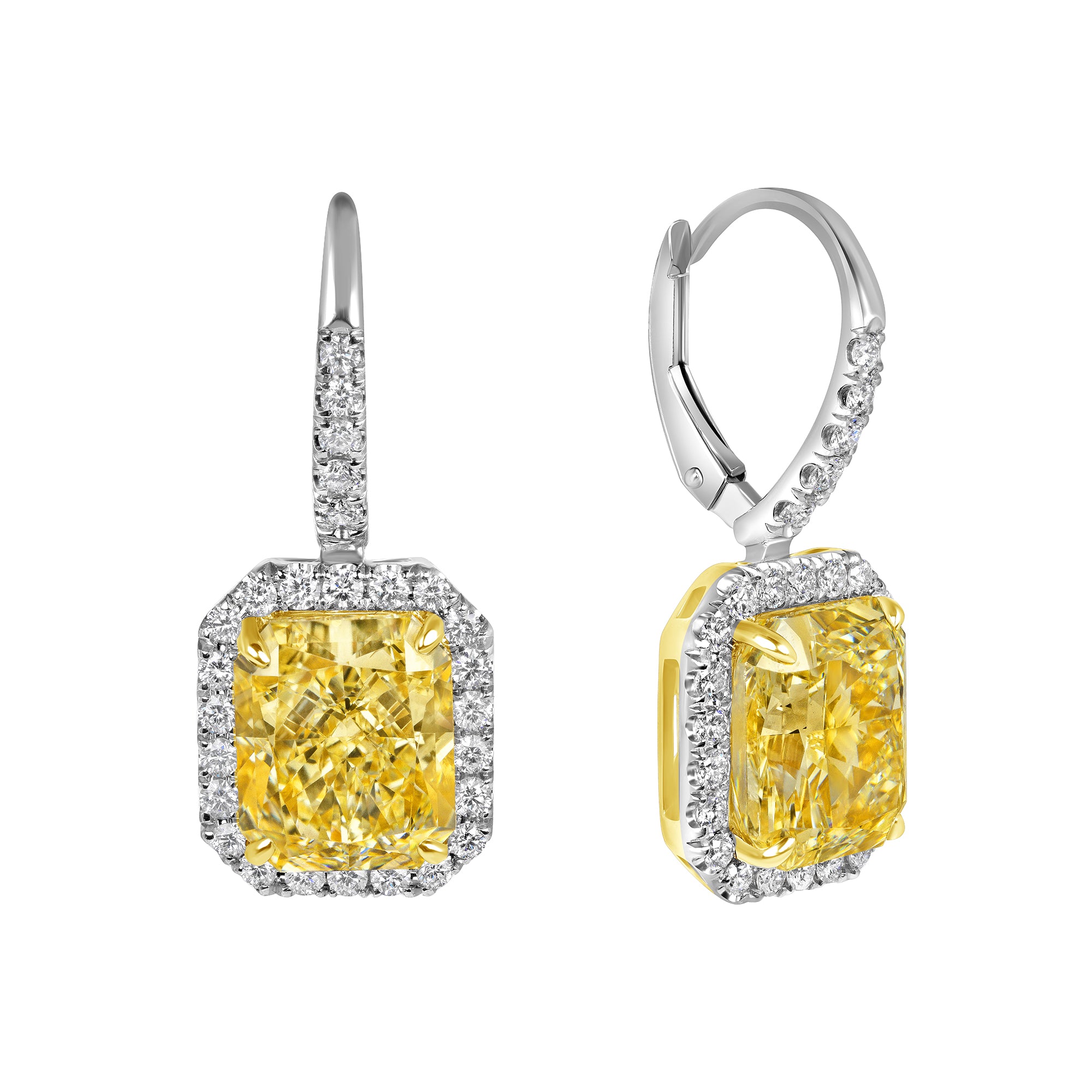 Radiant Cut Fancy Light Yellow Diamond Pavé Halo Dangle Earrings in 18 Karat Yellow Gold