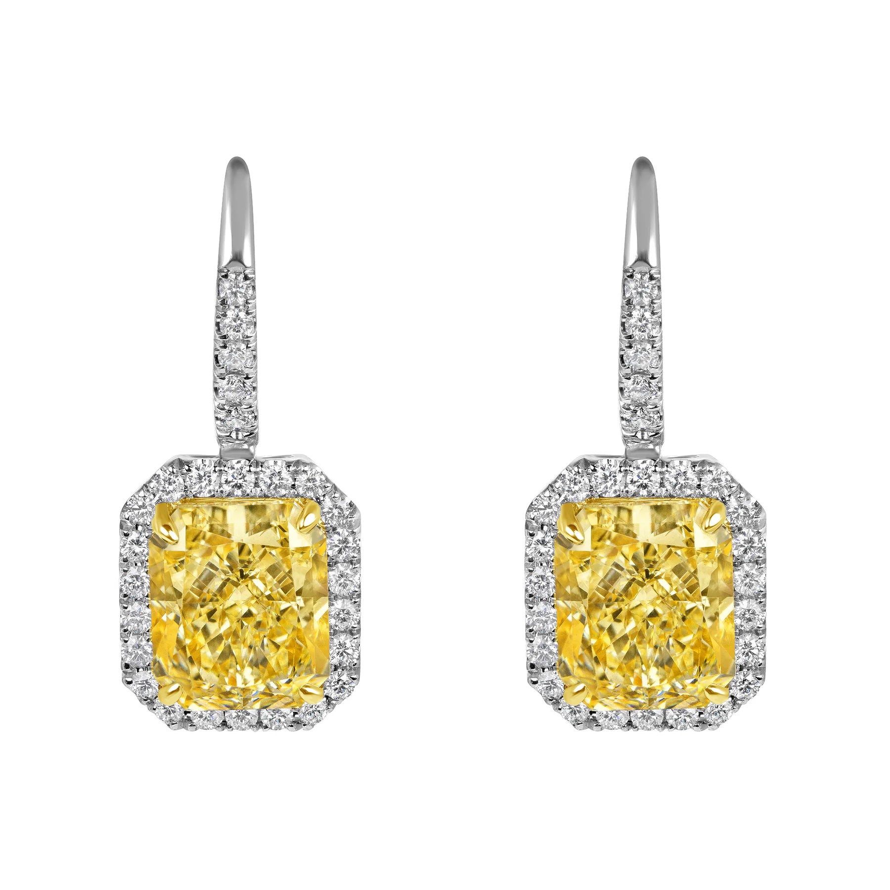 Radiant Cut Fancy Light Yellow Diamond Pavé Halo Dangle Earrings in 18 Karat Yellow Gold