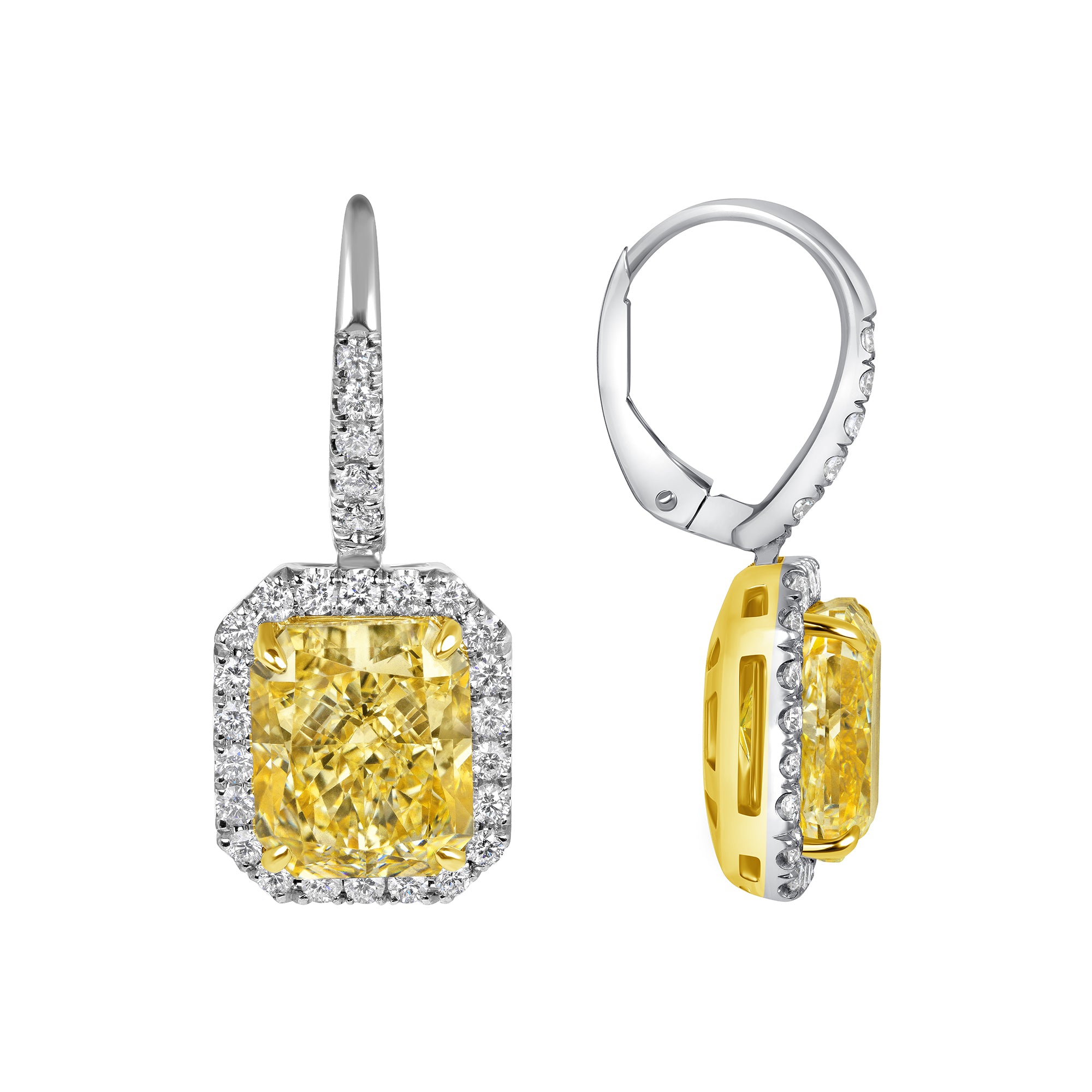 Radiant Cut Fancy Light Yellow Diamond Pavé Halo Dangle Earrings in 18 Karat Yellow Gold