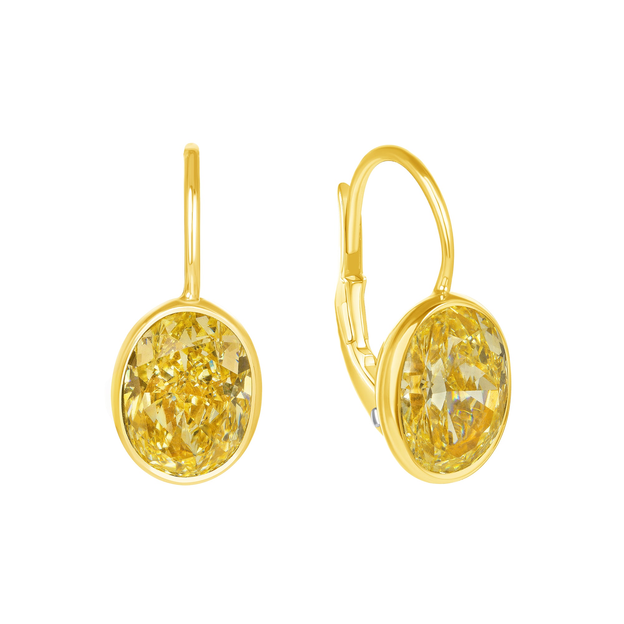 Oval Cut Bezel Set Fancy Yellow Diamond Dangle Earrings in 18 Karat Yellow Gold