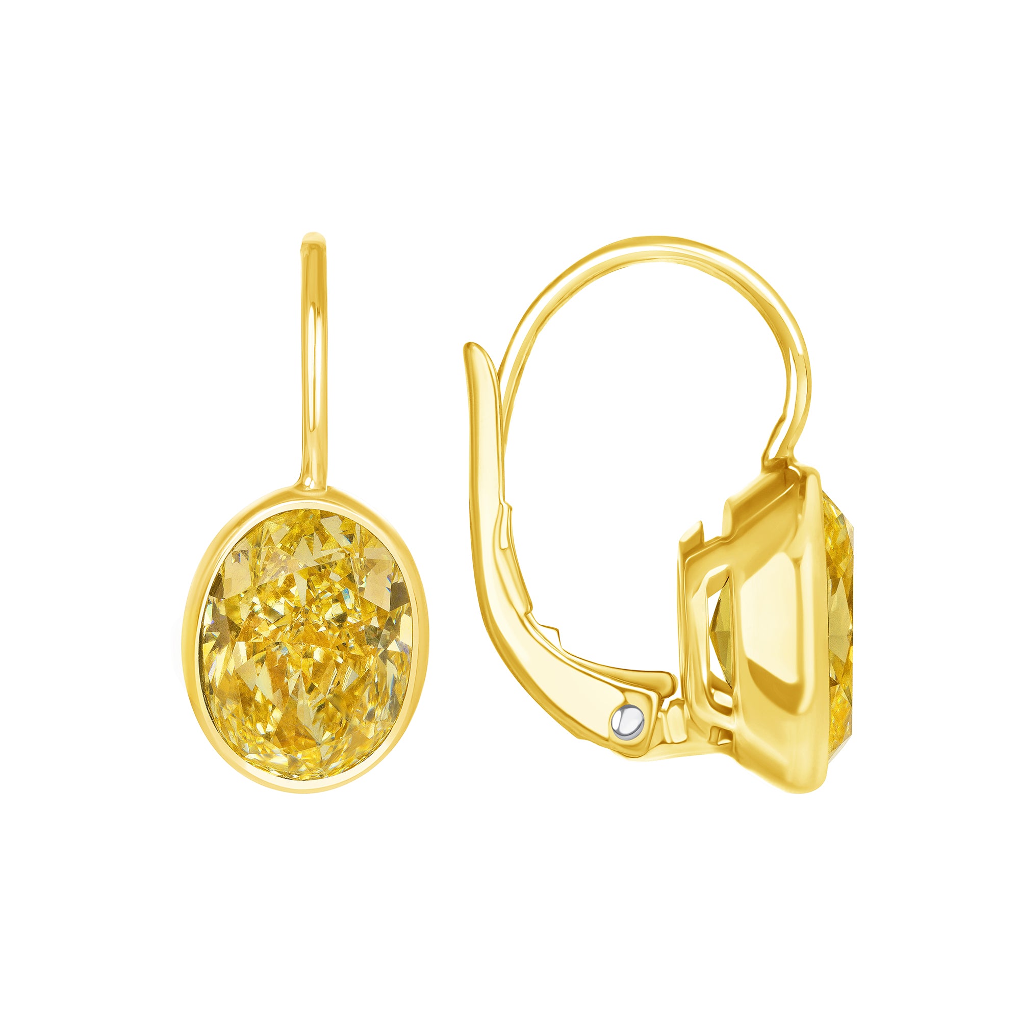 Oval Cut Bezel Set Fancy Yellow Diamond Dangle Earrings in 18 Karat Yellow Gold