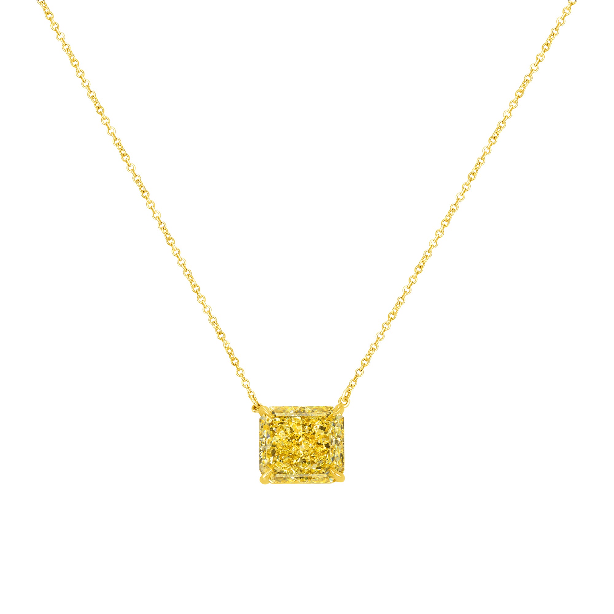 Radiant Cut Fancy Yellow Diamond Necklace in 18 Karat Yellow Gold