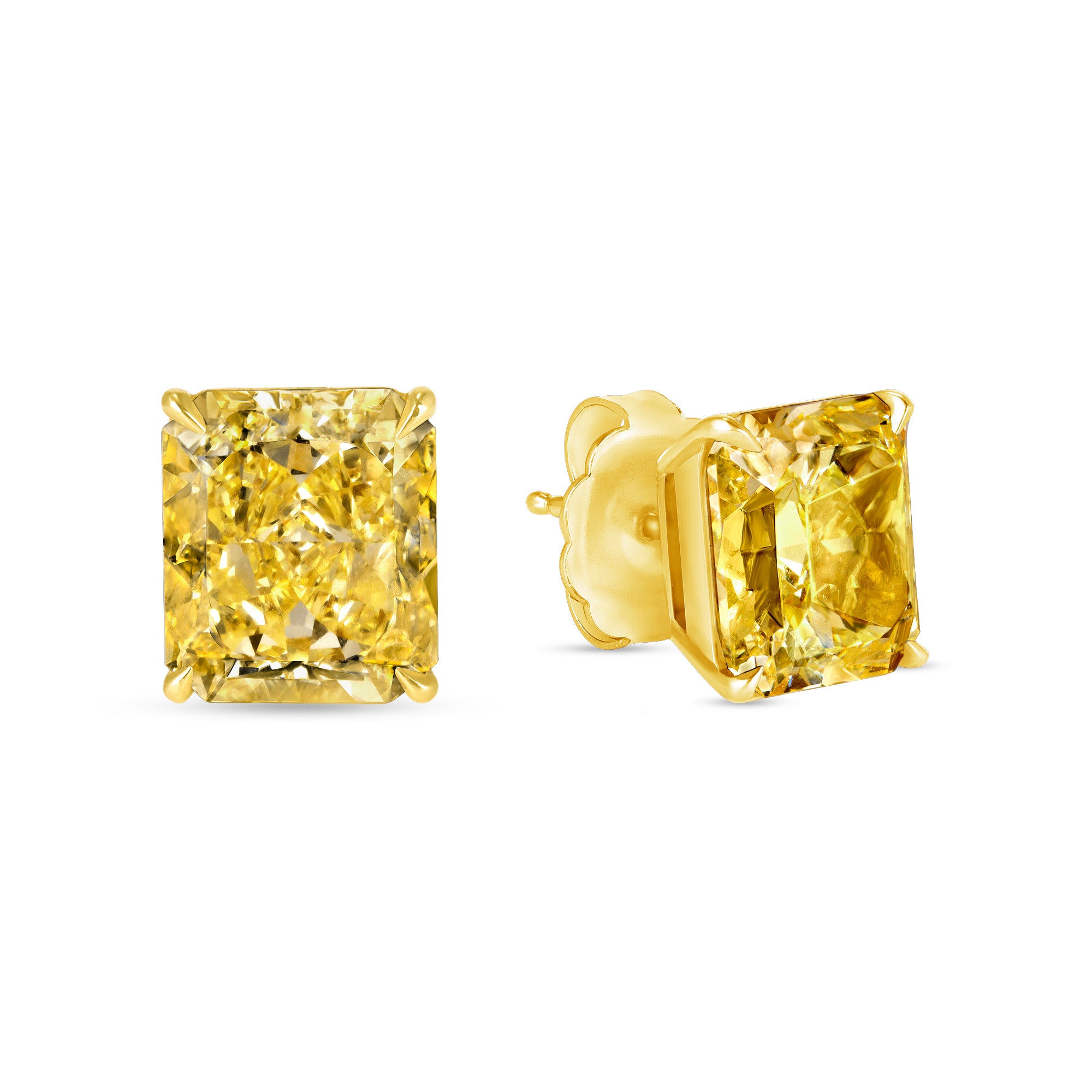 Radiant Cut Fancy Intense Yellow Diamond Stud Earrings in 18 Karat Yellow Gold