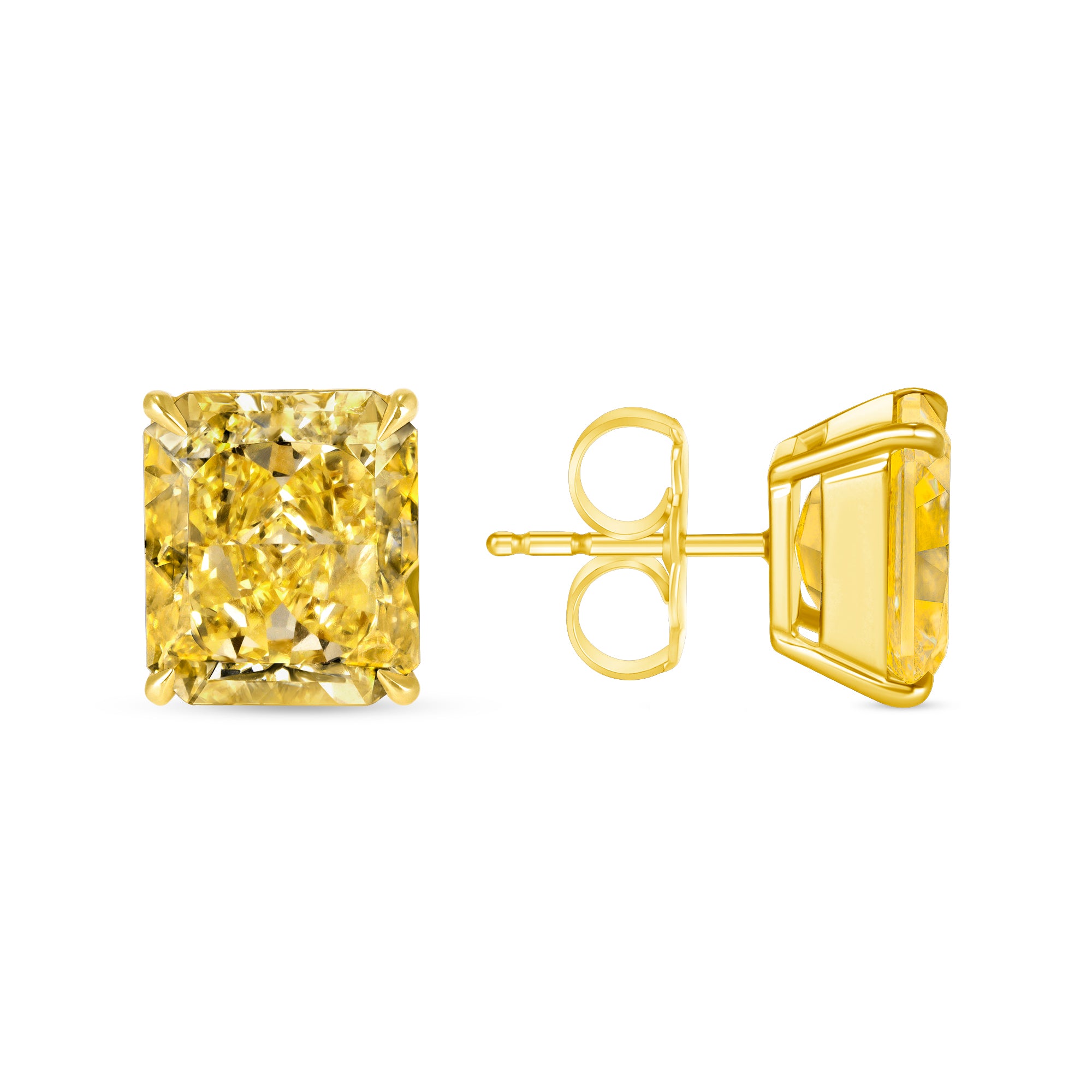 Radiant Cut Fancy Intense Yellow Diamond Stud Earrings in 18 Karat Yellow Gold