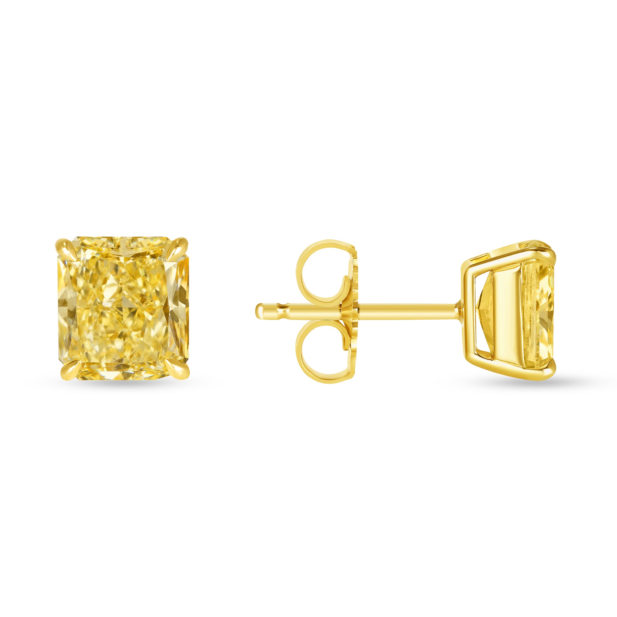 Radiant Cut Fancy Yellow Diamond Stud Earrings in 18 Karat Yellow Gold