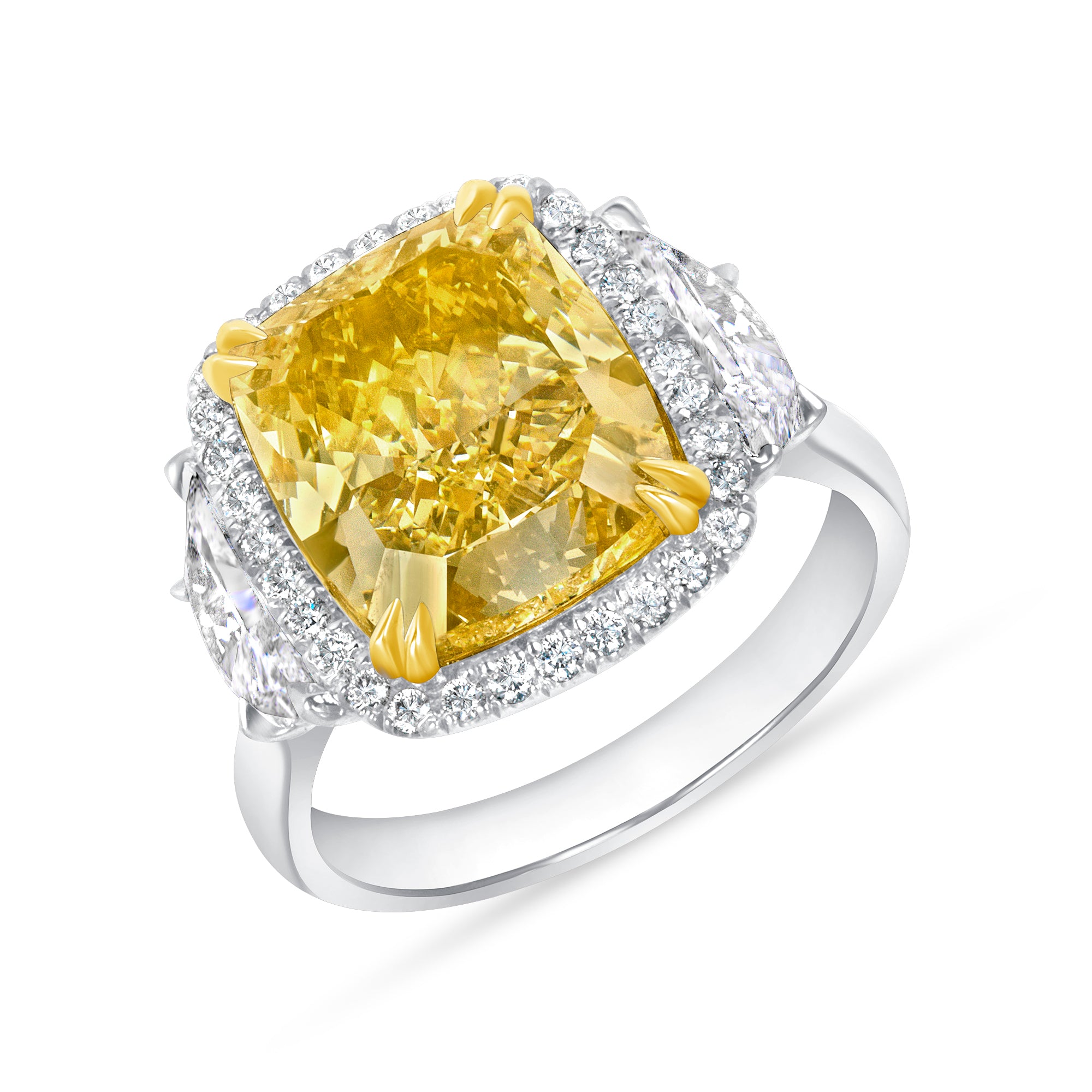 Cushion Cut Fancy Intense Yellow Diamond and Pavé Diamond Ring in 18 Karat Yellow Gold and Platinum