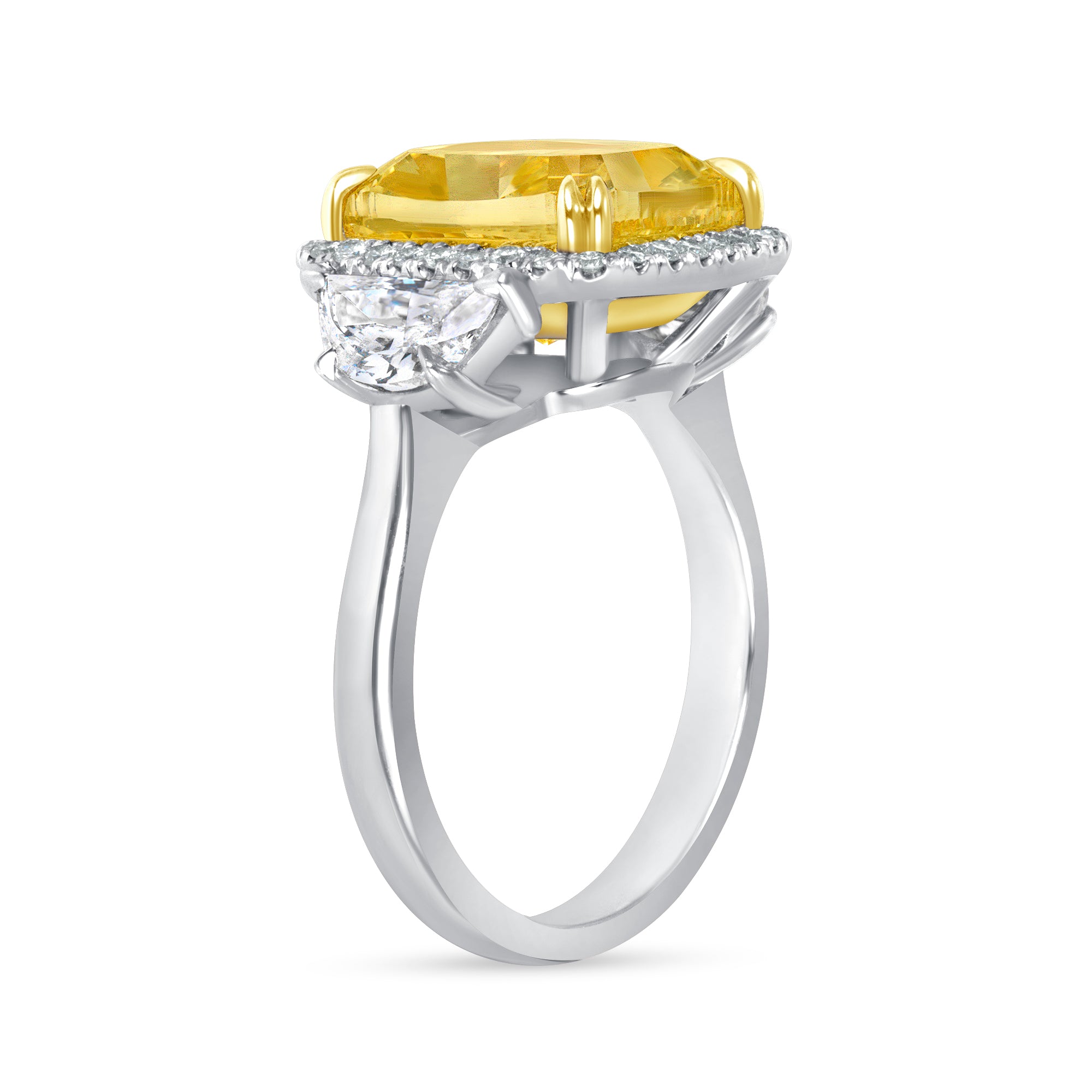 Cushion Cut Fancy Intense Yellow Diamond and Pavé Diamond Ring in 18 Karat Yellow Gold and Platinum