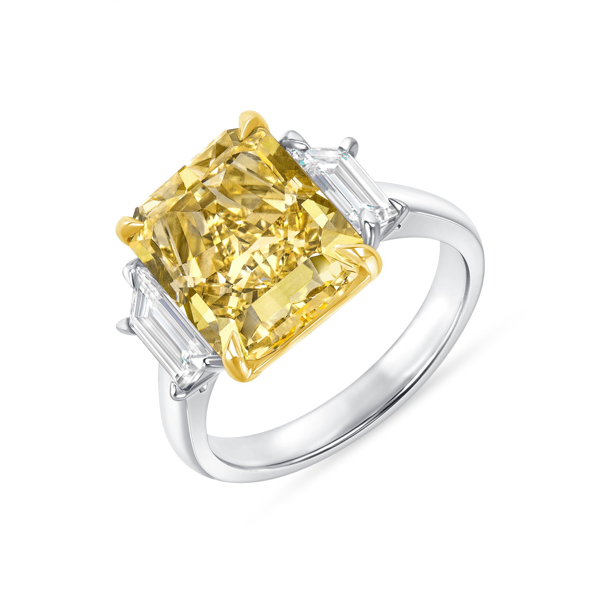 Radiant Cut Fancy Intense Yellow Diamond and Trapezoid Diamond Side Stones Ring in 18 Karat Yellow Gold and Platinum