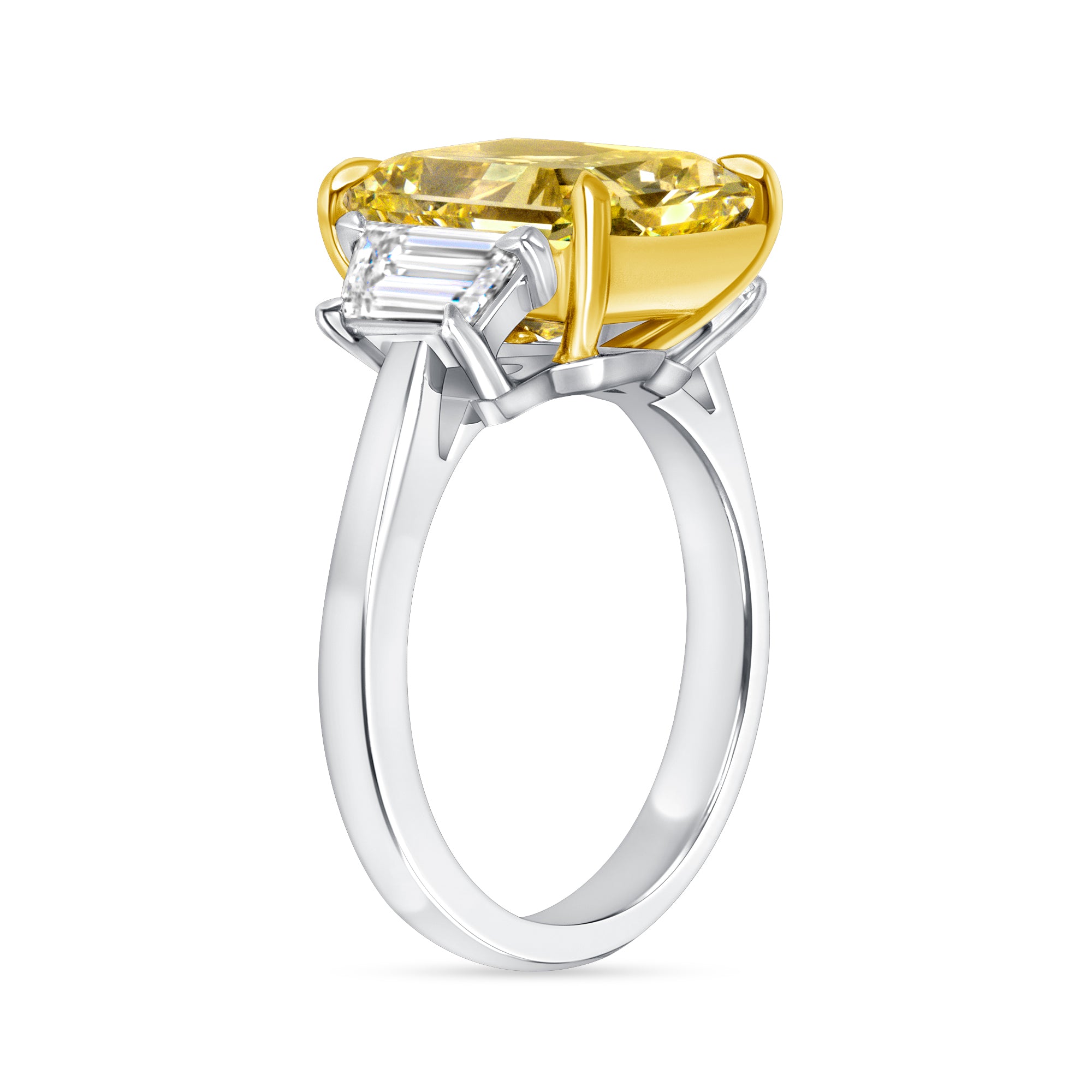 Radiant Cut Fancy Intense Yellow Diamond and Trapezoid Diamond Side Stones Ring in 18 Karat Yellow Gold and Platinum