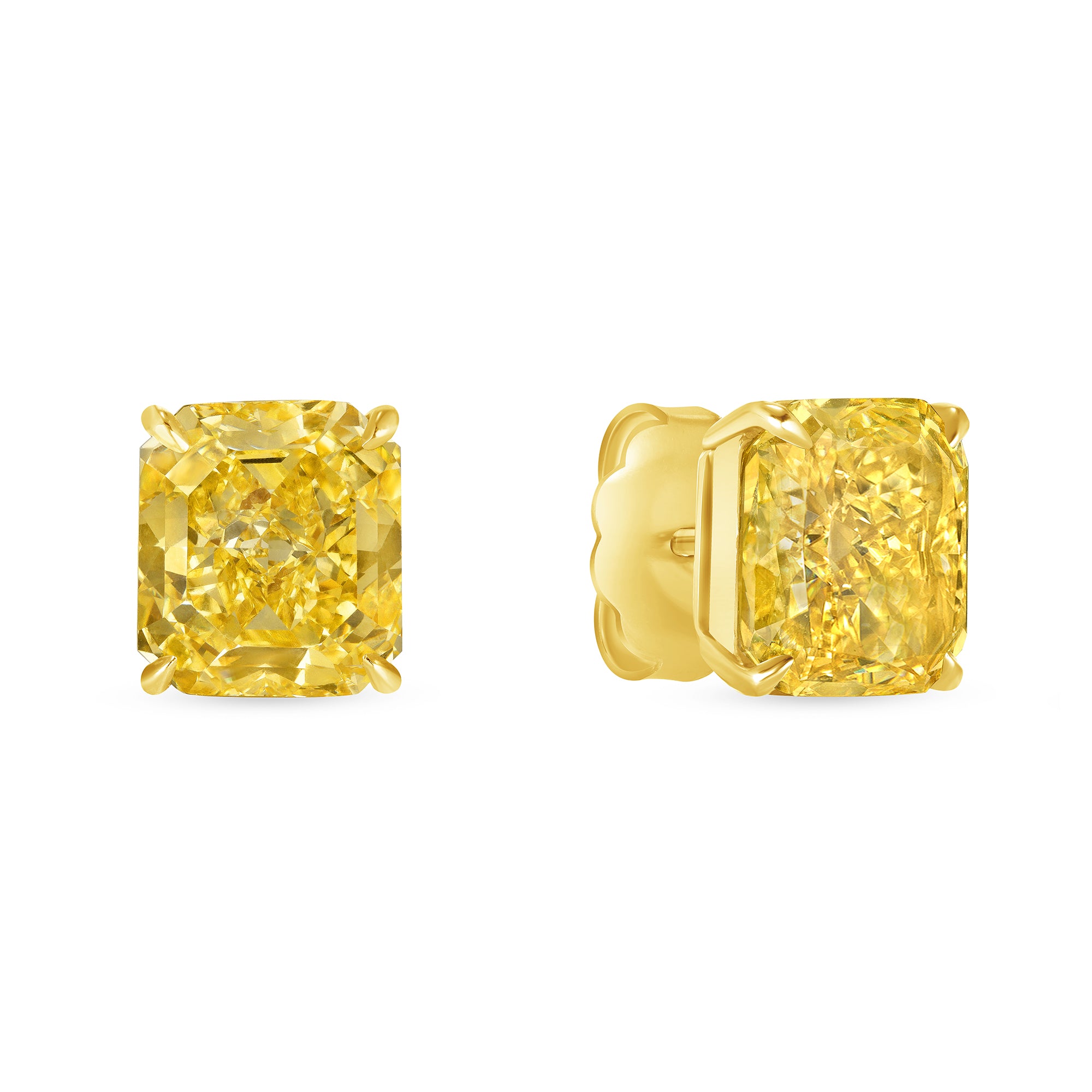 Radiant Cut Fancy Intense Yellow Diamond Stud Earrings in 18 Karat Yellow Gold