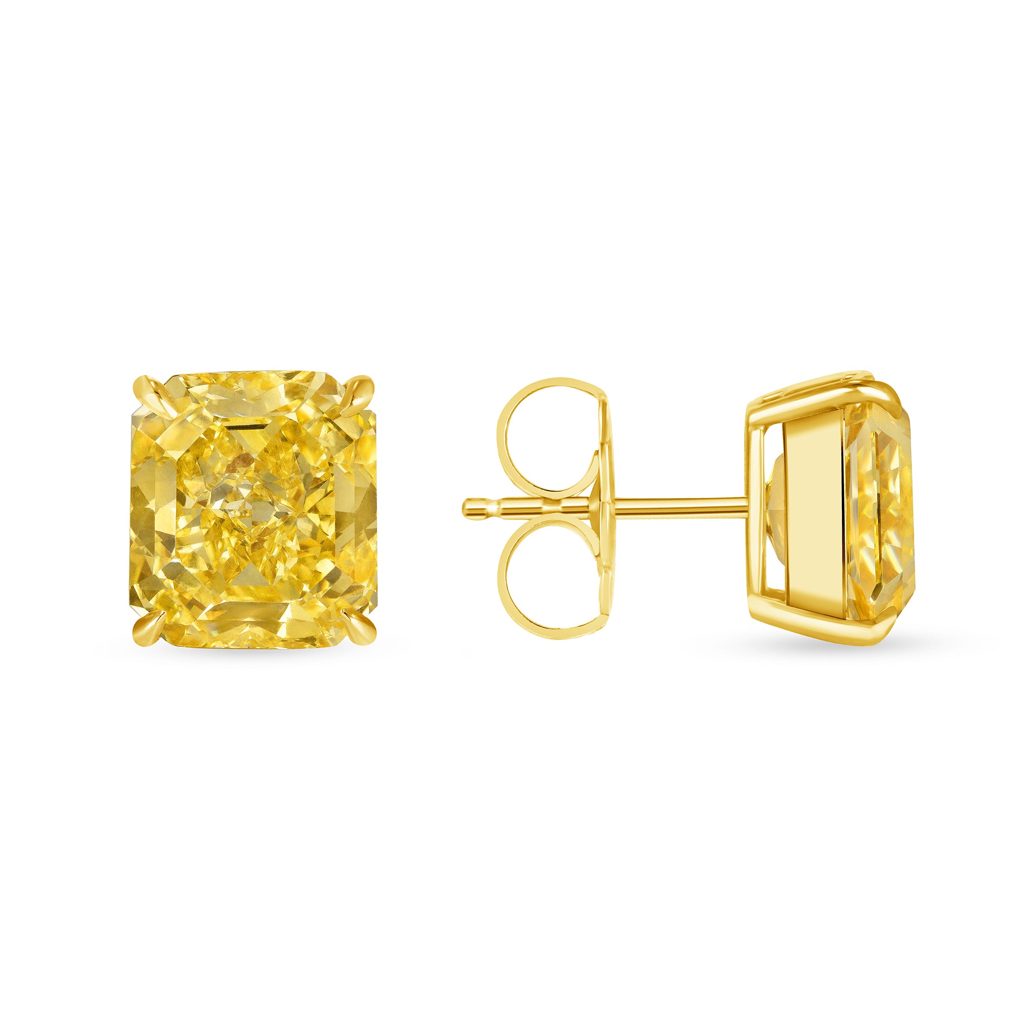 Radiant Cut Fancy Intense Yellow Diamond Stud Earrings in 18 Karat Yellow Gold
