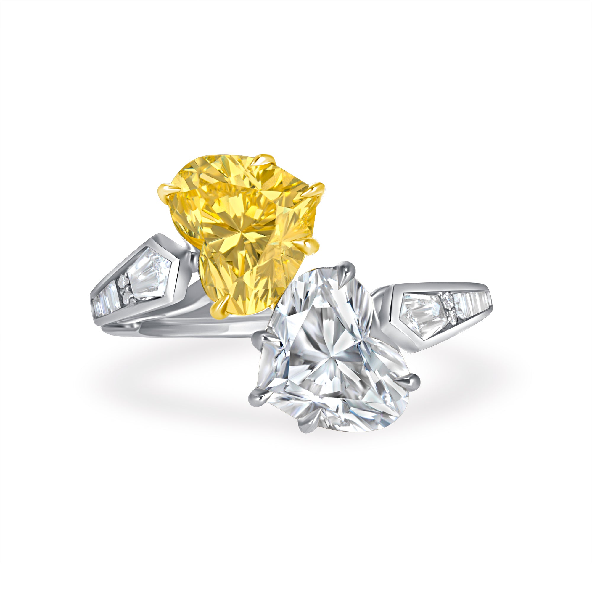 Heart Cut Fancy Light Yellow Diamond and White Diamond Bypass Ring in 18 Karat Yellow Gold and Platinum