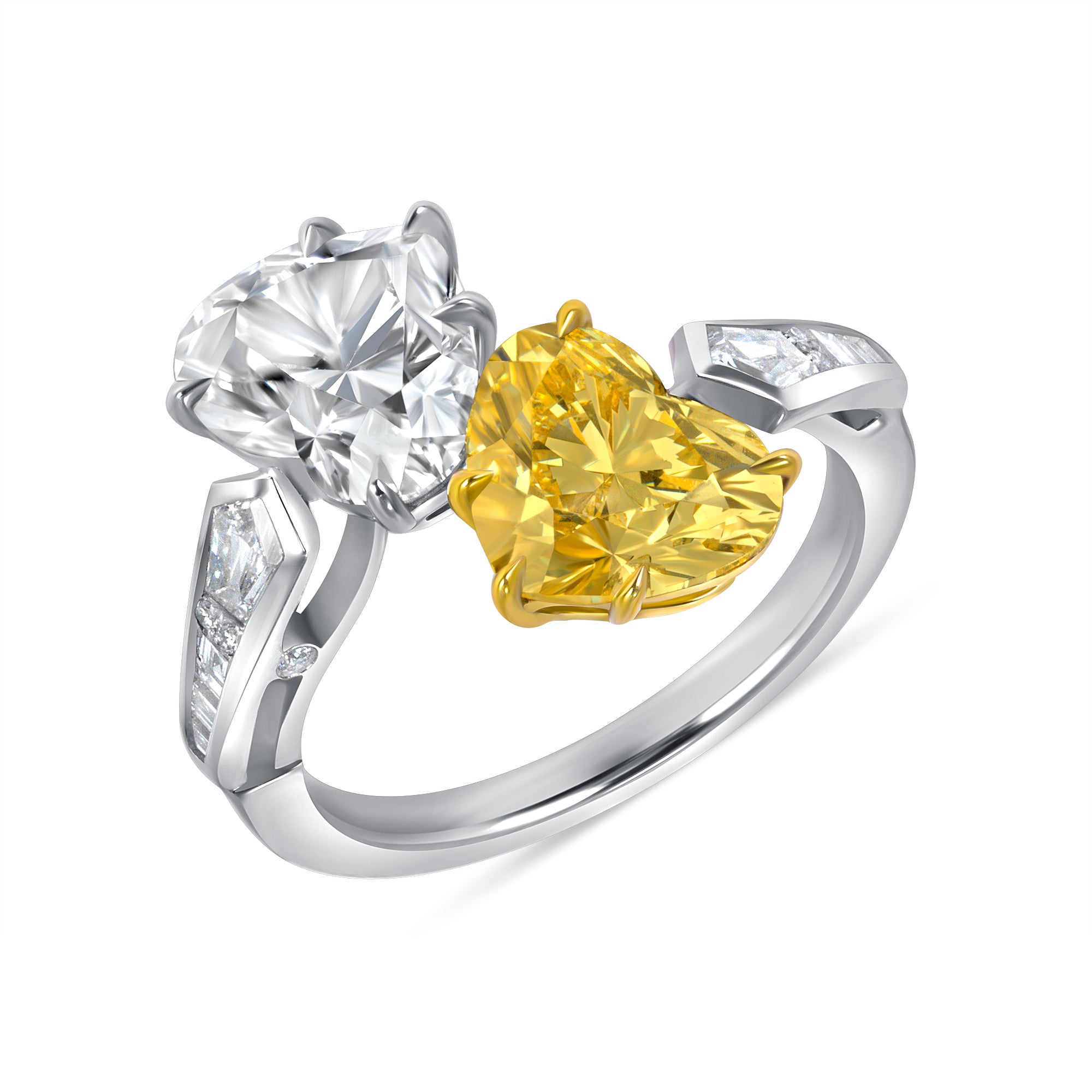 Heart Cut Fancy Light Yellow Diamond and White Diamond Bypass Ring in 18 Karat Yellow Gold and Platinum