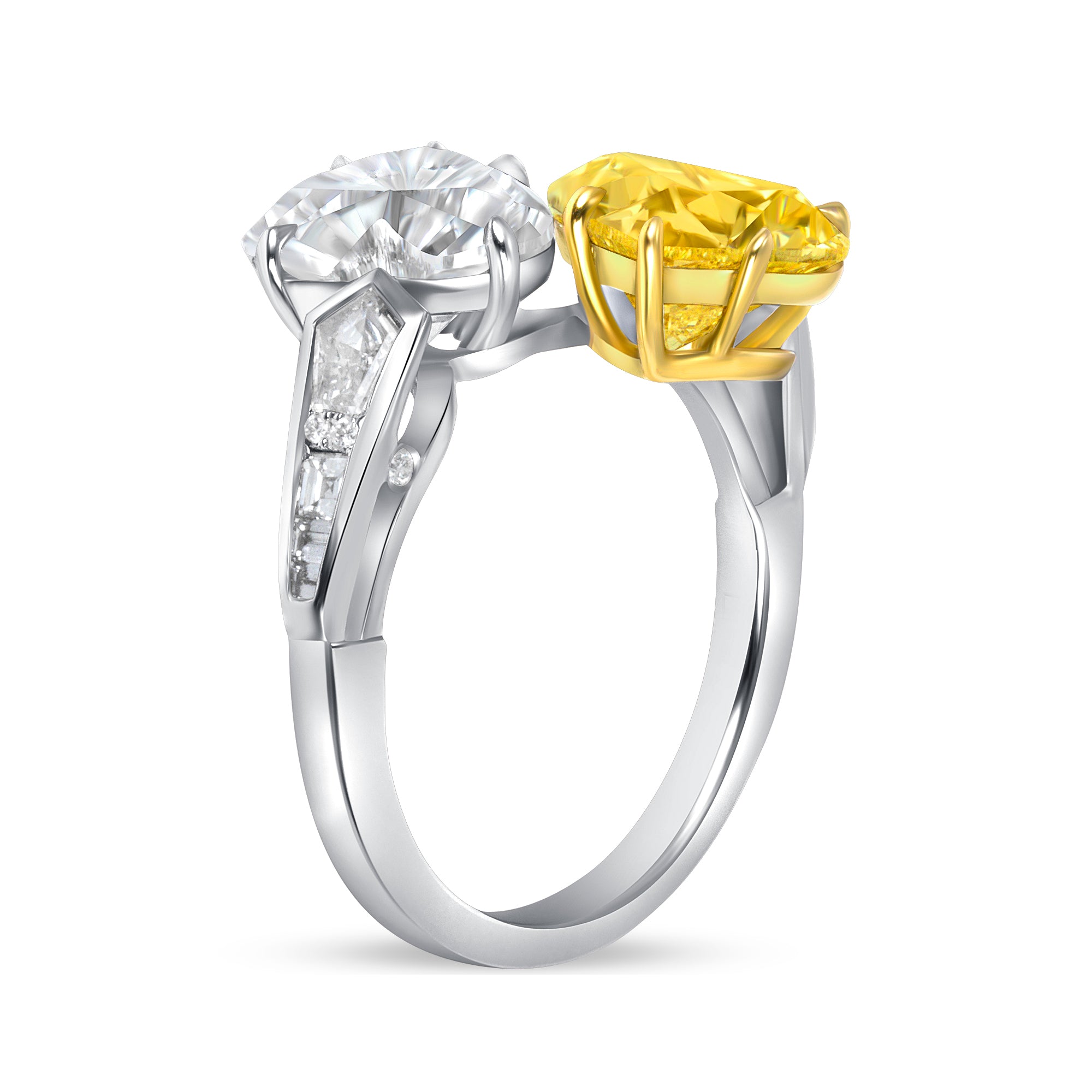 Heart Cut Fancy Light Yellow Diamond and White Diamond Bypass Ring in 18 Karat Yellow Gold and Platinum