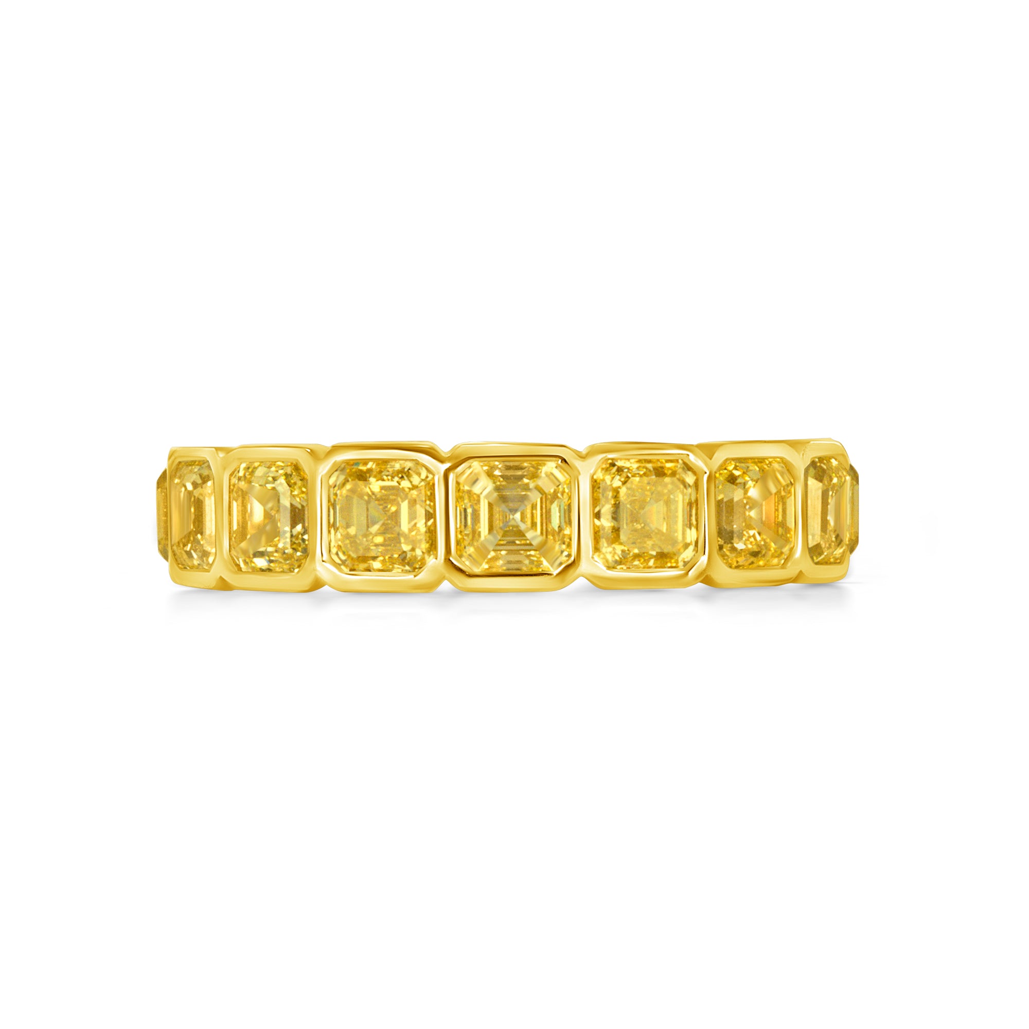 Asscher Cut Bezel Set Yellow Diamond Eternity Band in 18 Karat Yellow Gold