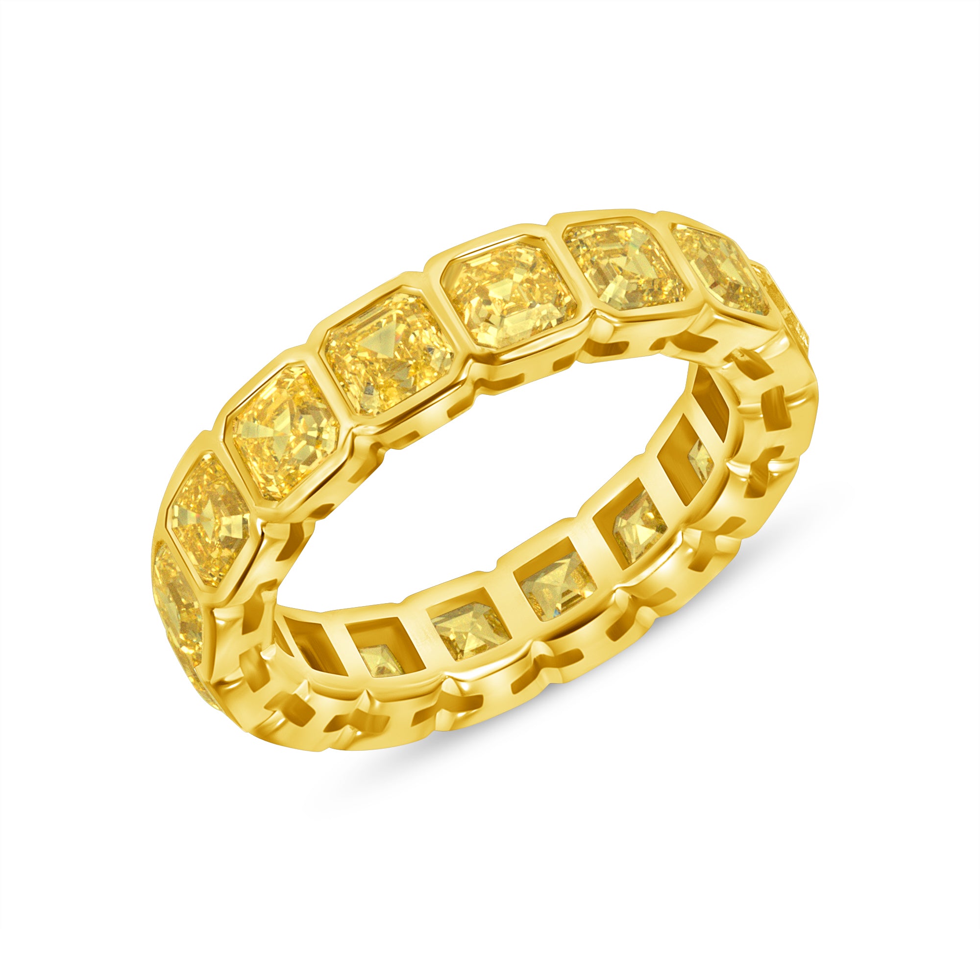 Asscher Cut Bezel Set Yellow Diamond Eternity Band in 18 Karat Yellow Gold
