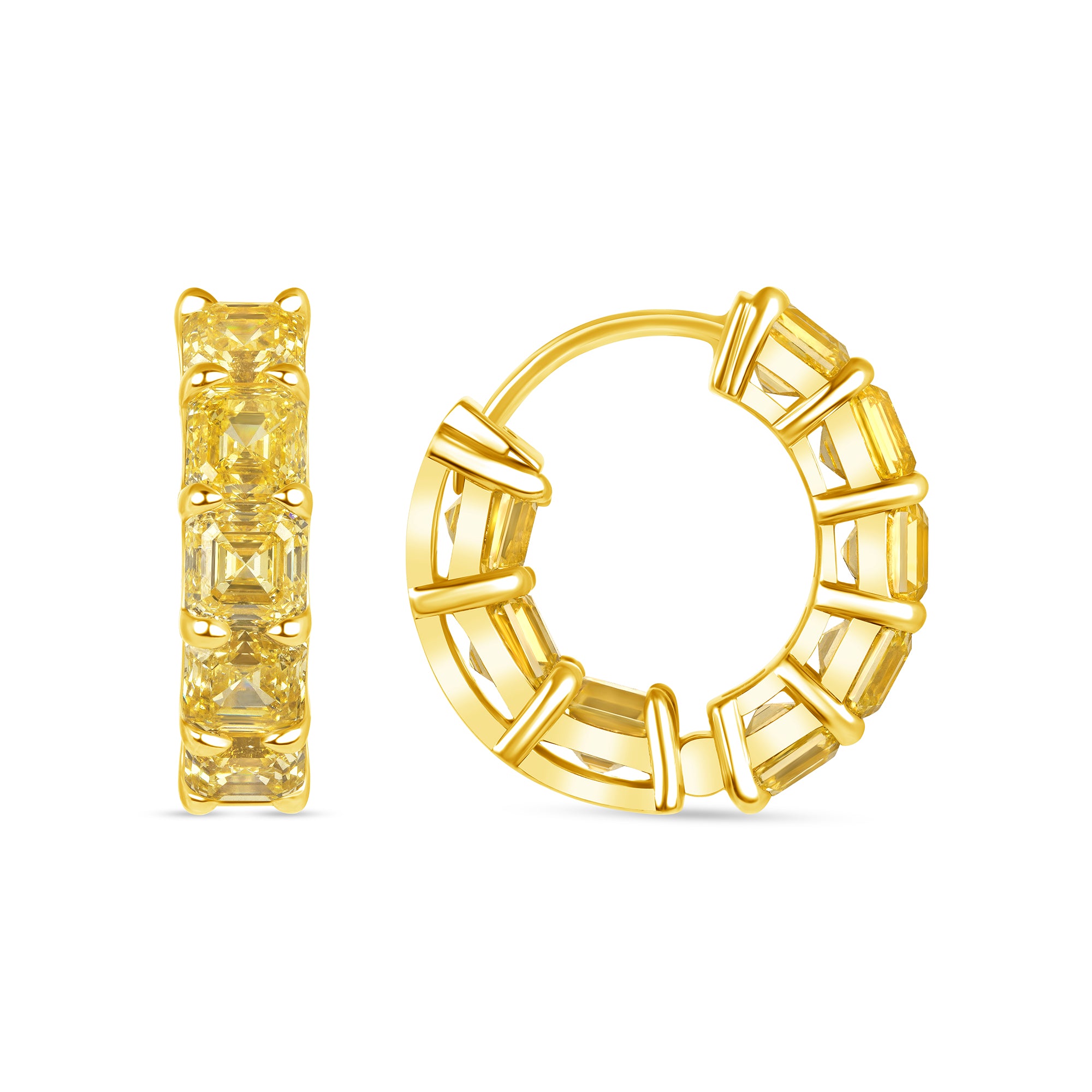 Asscher Cut Fancy Yellow Diamond Huggie Hoops Earrings in 18 Karat Yellow Gold